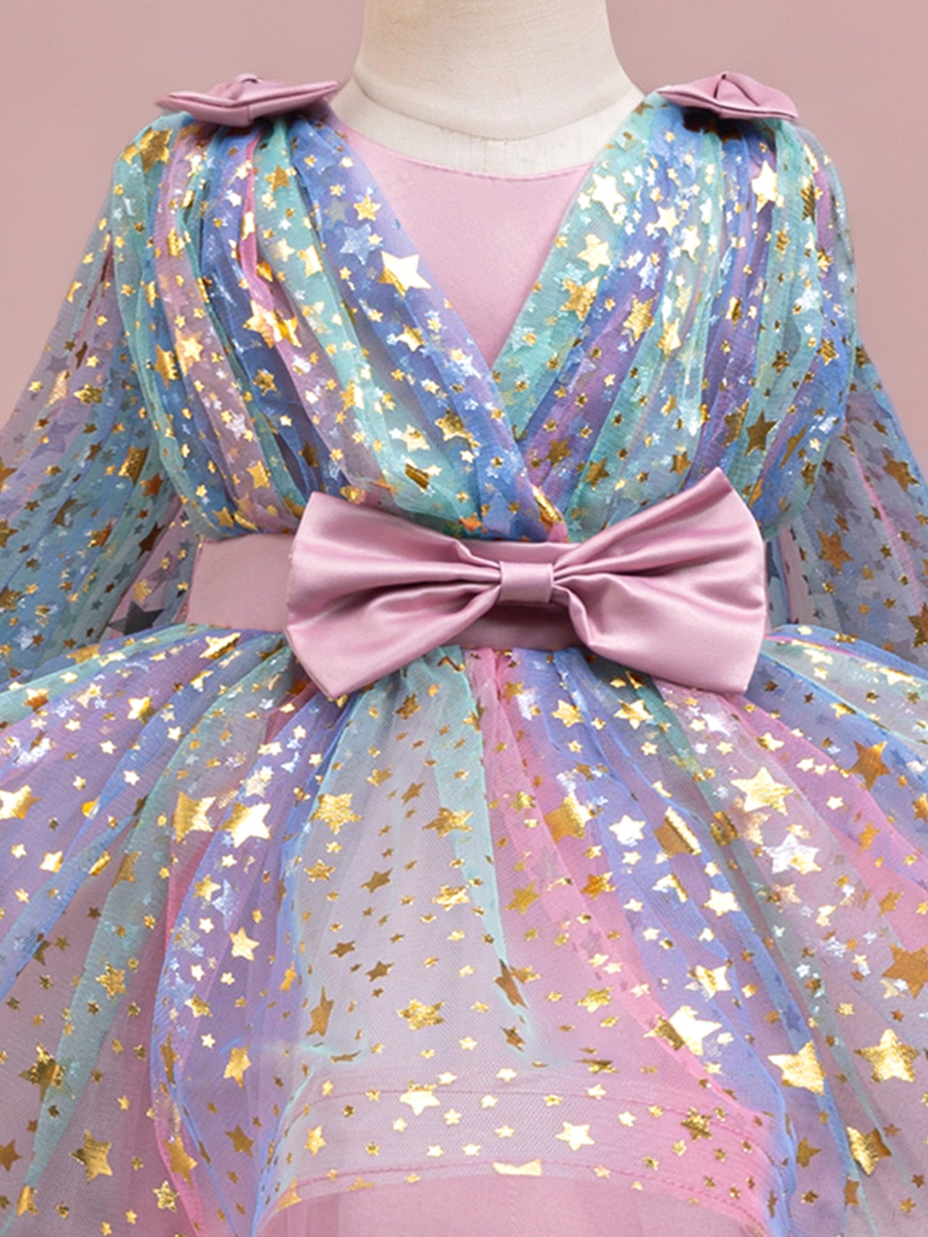 Zvzio Girls Star Gilded Cape Bow Princess Dress | Gold Star Pattern Triple Bow Decoration Draping Capelet Asymmetric Train Skirt Flower Girl Dress - Ages 4-9