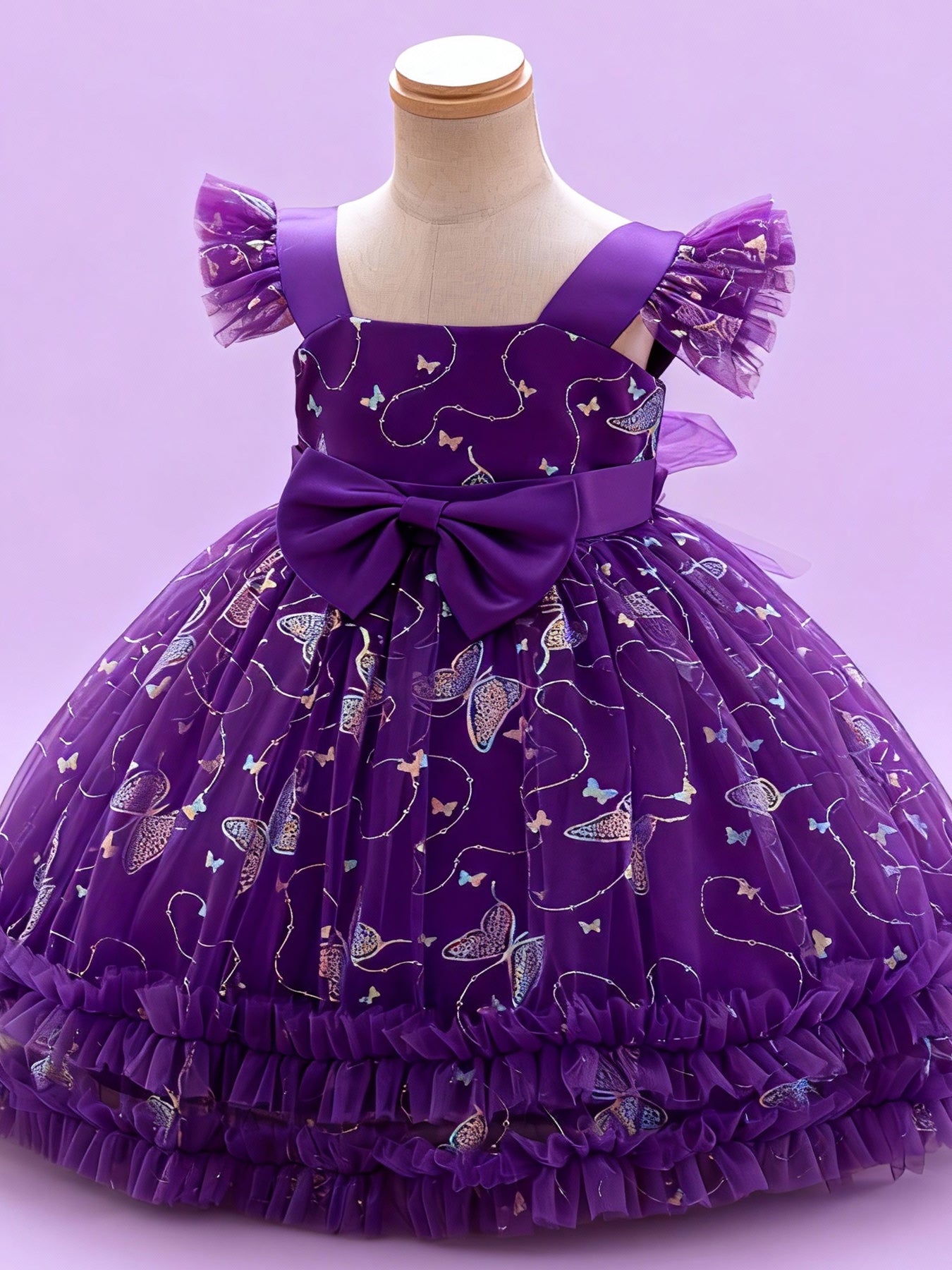 Zvzio Girls Gilded Butterfly Flutter Sleeve Princess Dress | Reflective Butterfly Tulle Midsection Large Bow Double-Layer Ruffle Hem Knee-Length A-Line Flower Girl Dress - Ages 2-7, Multiple Colors