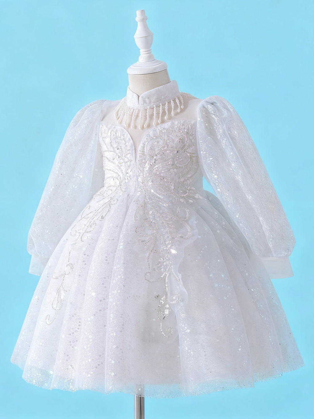 Zvzio Princess Flower Girl Dress 4-9 Years - Sparkling Embroidered Long Sleeve Gown for Wedding, Birthday Party | Champagne & White