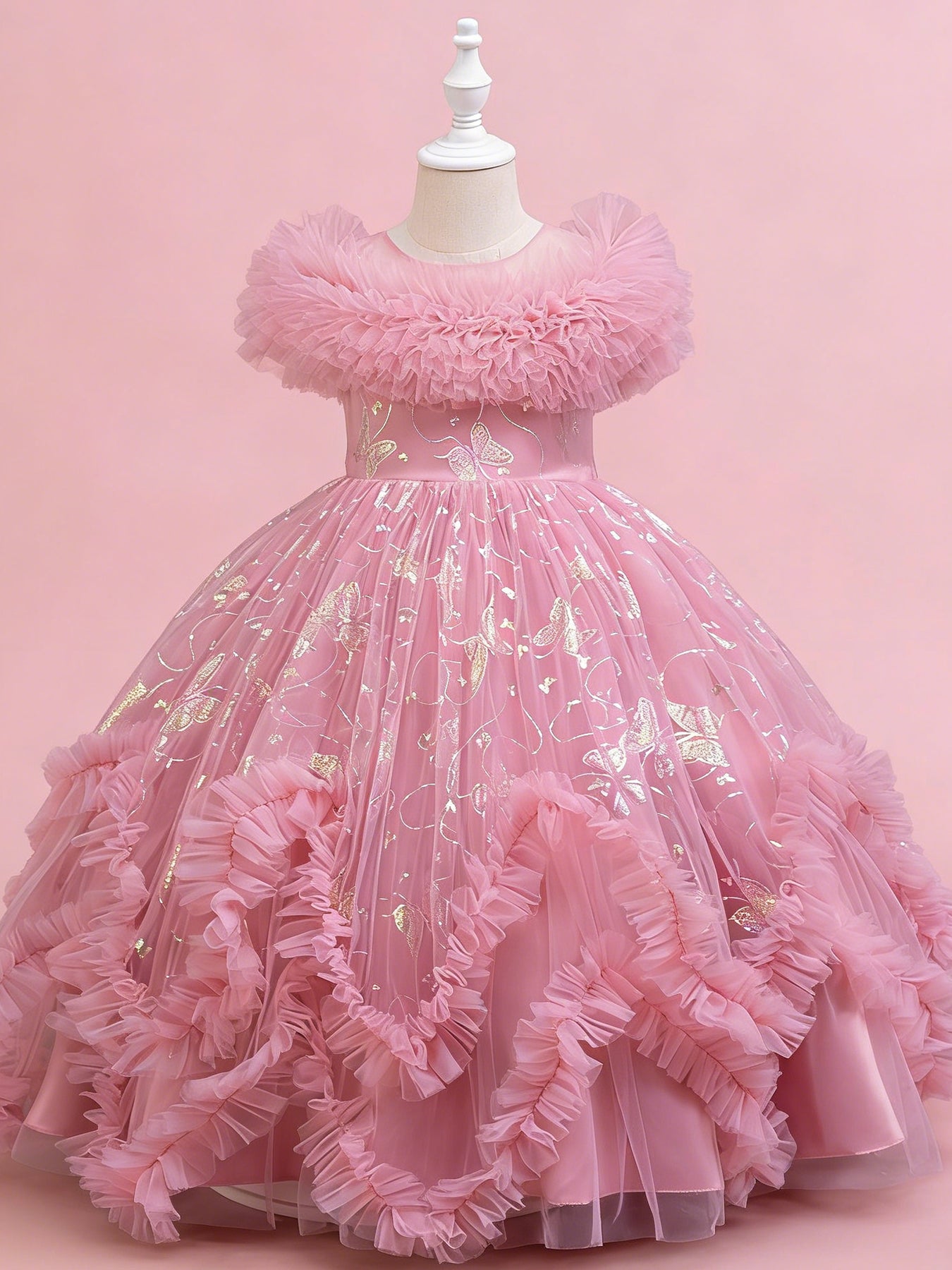 Zvzio Girls Gilded Butterfly Tulle Princess Dress | Reflective Butterfly Fabric Multi-Layer Cross Ruffle Collar 3D W-Shaped Hem Mid-Length Flower Girl Dress Set - Ages 4-9, Multiple Colors