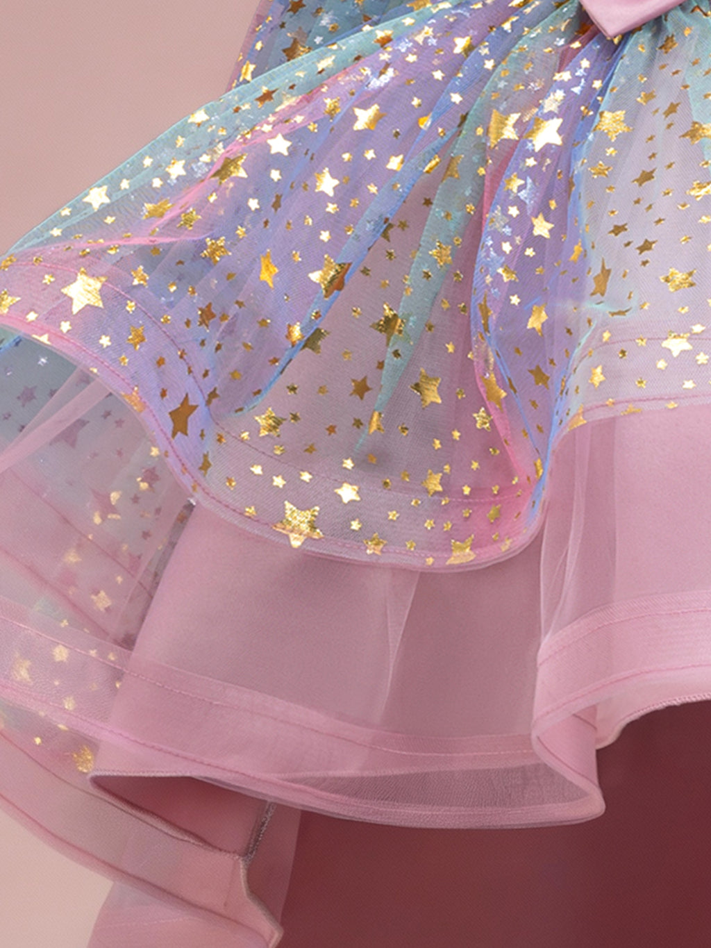 Zvzio Girls Star Gilded Cape Bow Princess Dress | Gold Star Pattern Triple Bow Decoration Draping Capelet Asymmetric Train Skirt Flower Girl Dress - Ages 4-9
