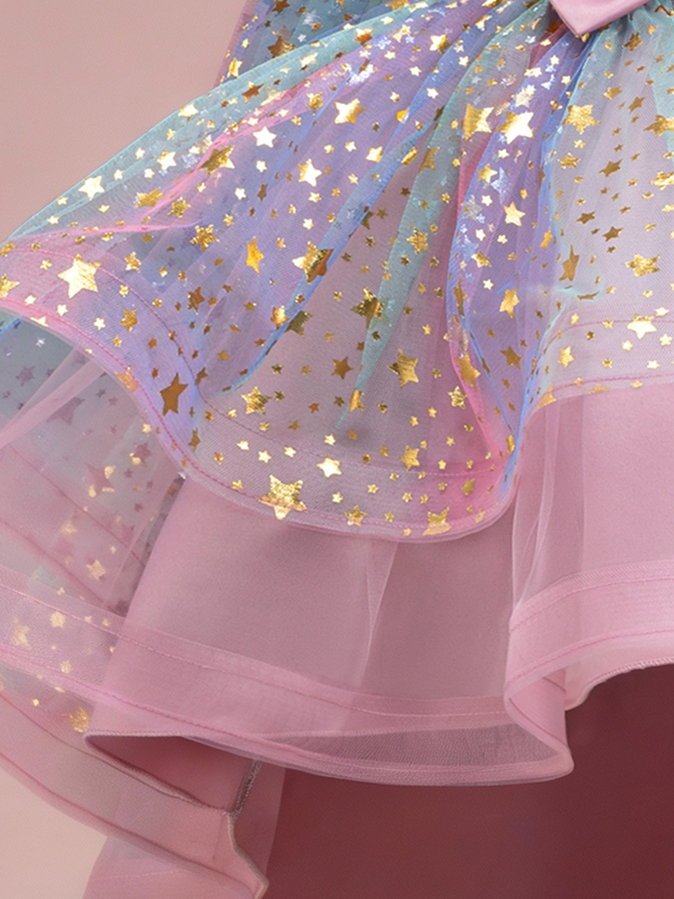 Zvzio Girls Star Gilded Cape Bow Princess Dress | Gold Star Pattern Triple Bow Decoration Draping Capelet Asymmetric Train Skirt Flower Girl Dress - Ages 4-9