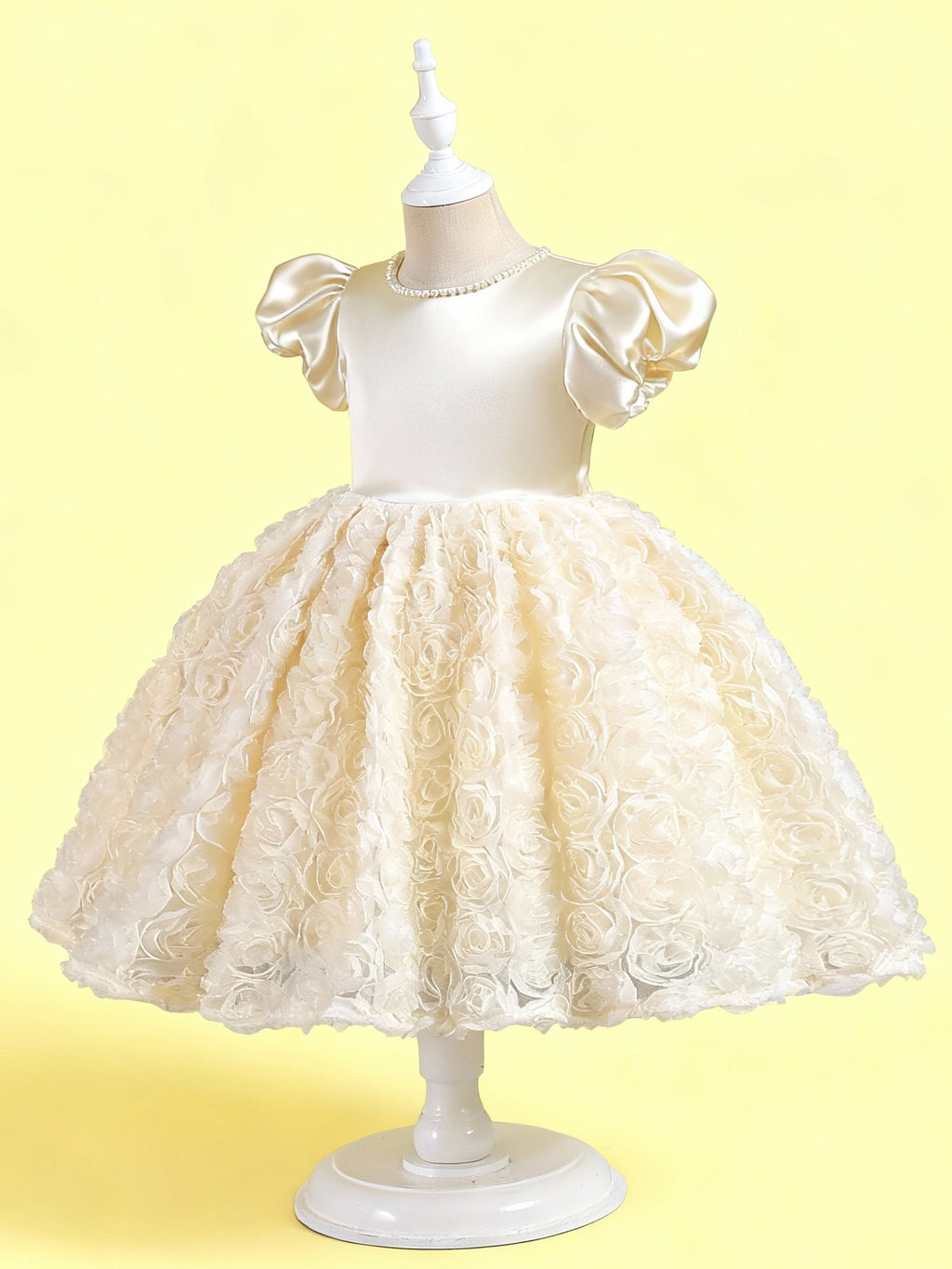 Zvzio Girls Princess Dress with 3D Floral Skirt & Pearl Neckline - Satin Puff Sleeve Flower Girl Party Dress