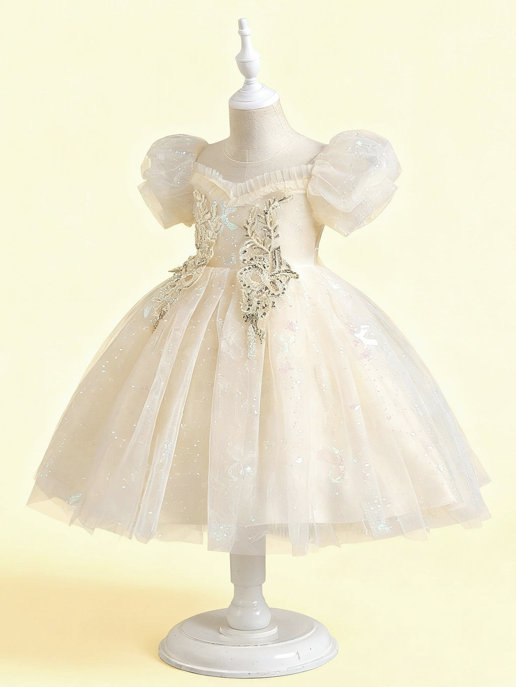Zvzio Girls Princess Party Dress - Floral Embroidery Bodice, Sparkle Tulle Skirt & Puff Sleeves, Flower Girl/Pageant A-line Short Dress