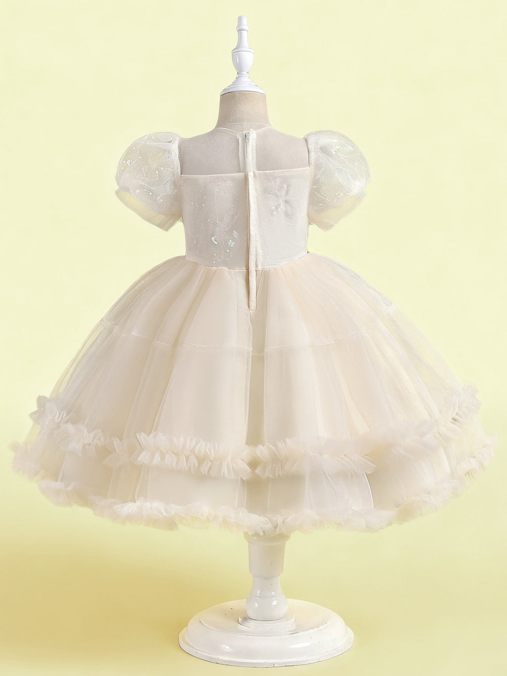 Zvzio Girls Princess Party Dress & Flower Girl Dress - Floral Embroidery Chest, Sparkle Tulle Skirt, Bubble Sleeves, Double Ruffle Hem, Champagne Pink White, Short Sleeve A-Line for Age 4-9