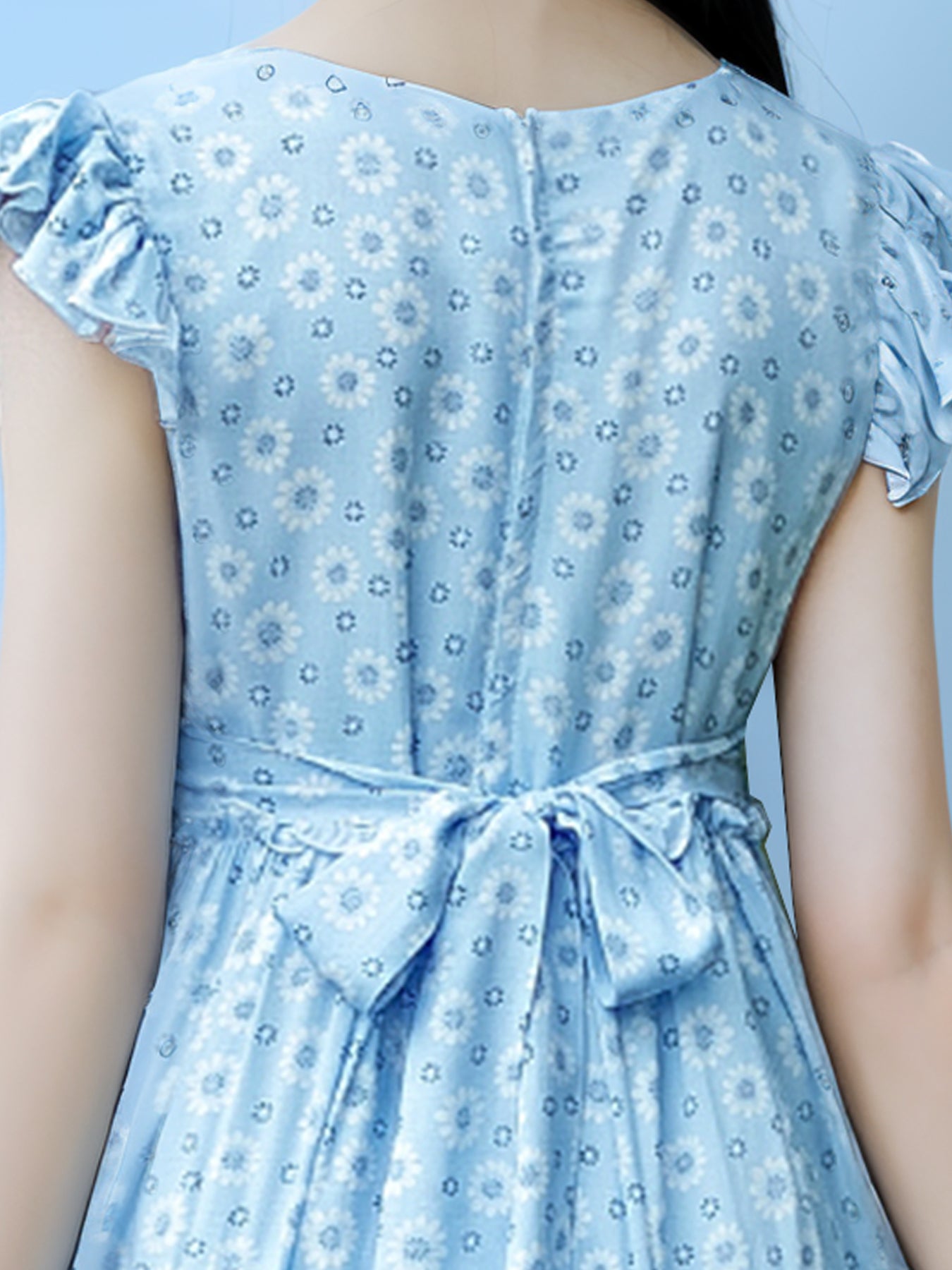 Zvzio Girls Floral Print Ruffle Trim Casual Dress | Flutter Sleeves Three-Tier Hem Lightweight Breathable A-Line Dress - Ages 2-7, Light Blue / Pink