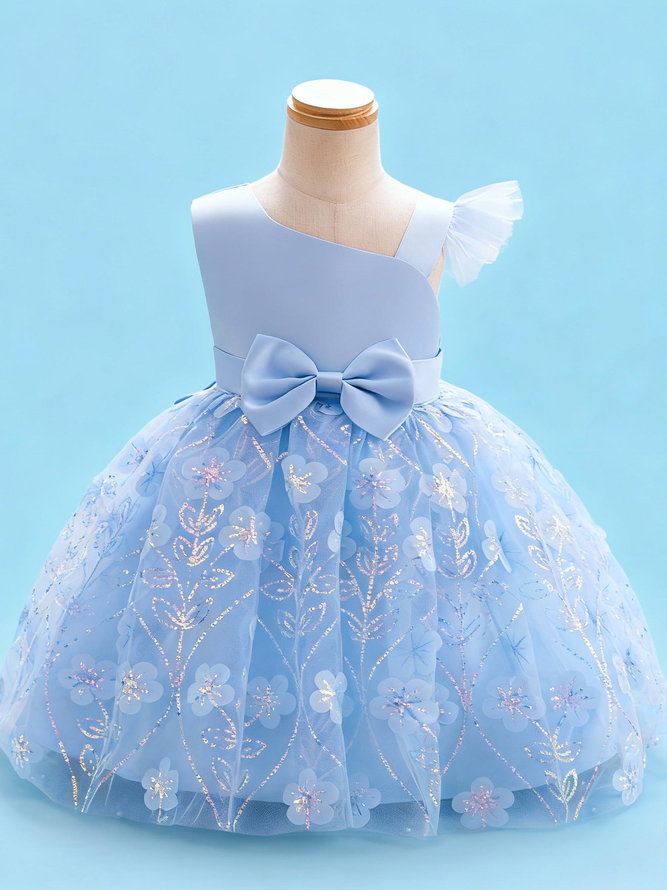 Zvzio Girls Tulle Flutter Sleeve Princess Dress | Mid-Waist Large Bow 3D Reflective Applique Skirt Multi-Layer Tulle Flower Girl Party Dress - Short A-Line Dress, Ages 2-7, Multiple Colors