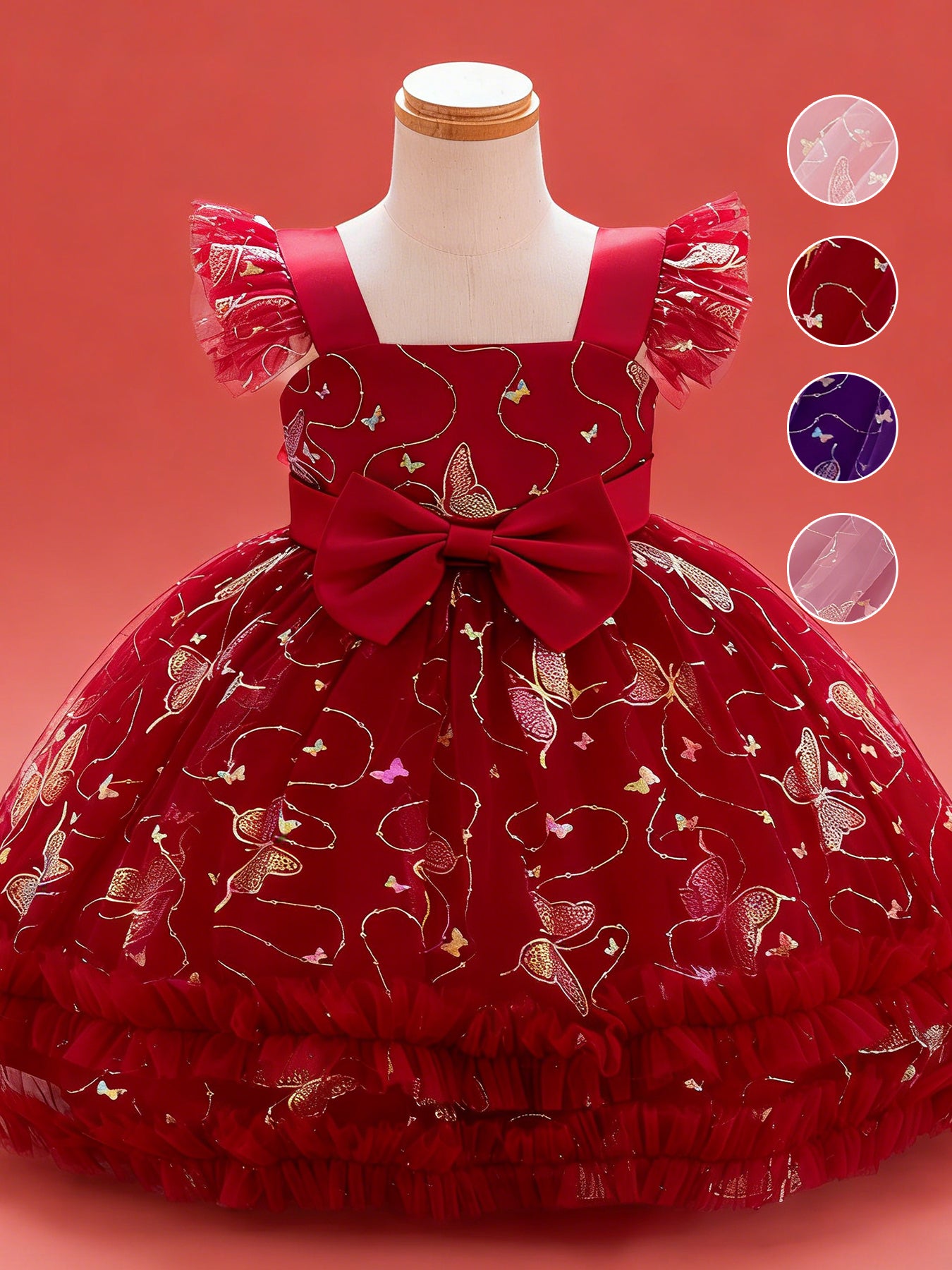 Zvzio Girls Gilded Butterfly Flutter Sleeve Princess Dress | Reflective Butterfly Tulle Midsection Large Bow Double-Layer Ruffle Hem Knee-Length A-Line Flower Girl Dress - Ages 2-7, Multiple Colors