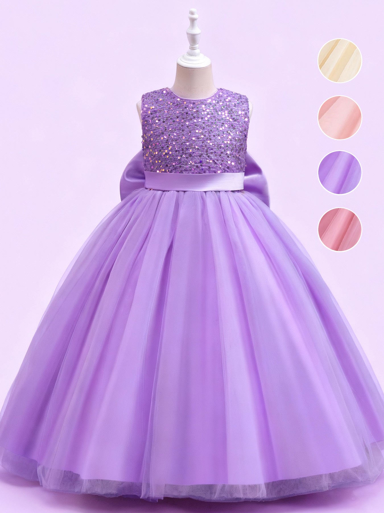 Zvzio Girls V-Back Removable Bow Princess Dress | Sparkling Sequin Bodice Draping Tulle Long Dress Flower Girl Dress Party Gown - Ages 4-9, Multiple Colors