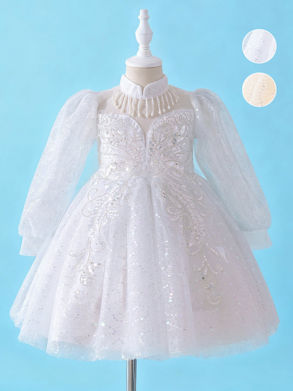 Zvzio Princess Flower Girl Dress 4-9 Years - Sparkling Embroidered Long Sleeve Gown for Wedding, Birthday Party | Champagne & White
