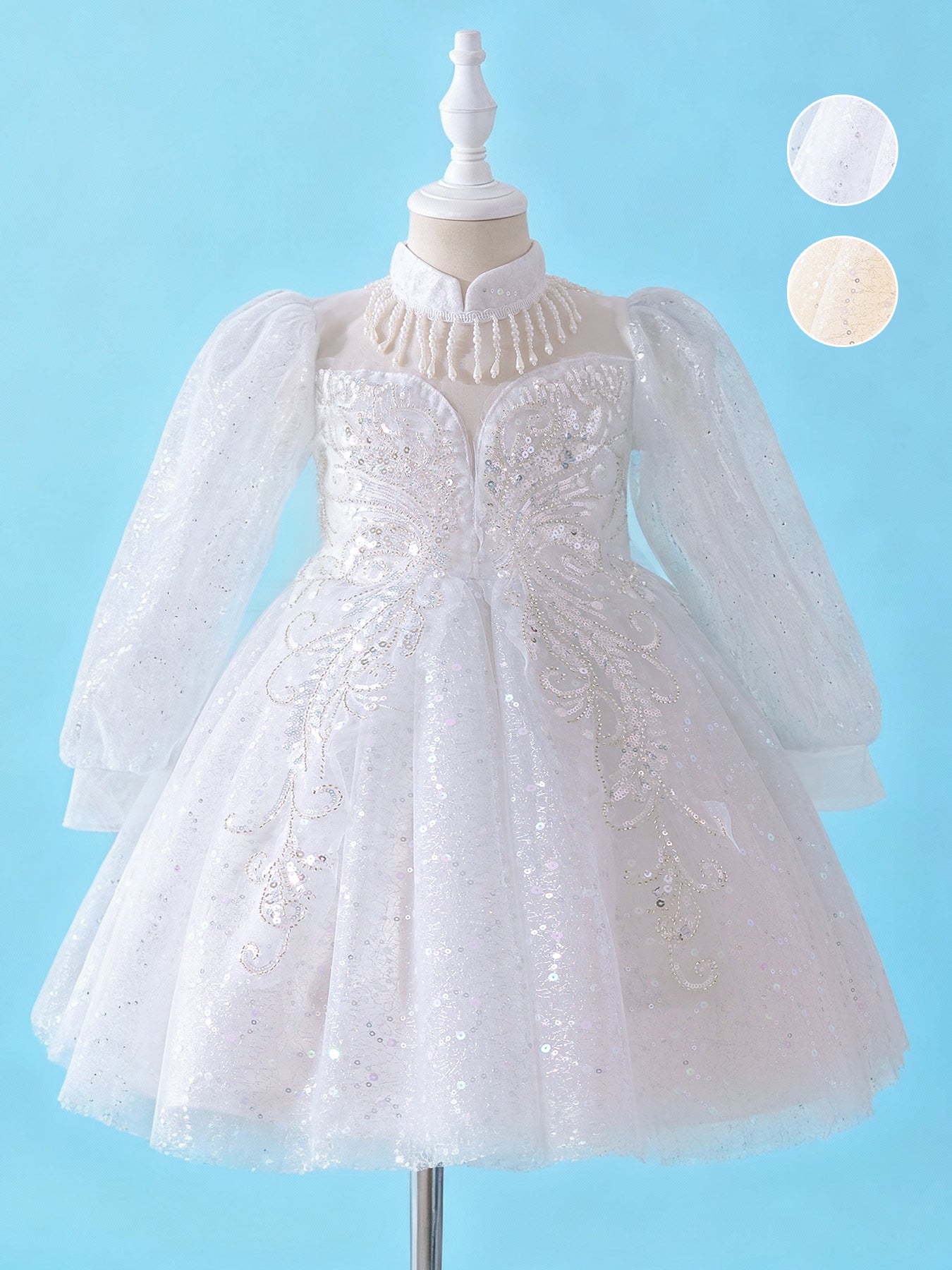 Zvzio Princess Flower Girl Dress 4-9 Years - Sparkling Embroidered Long Sleeve Gown for Wedding, Birthday Party | Champagne & White