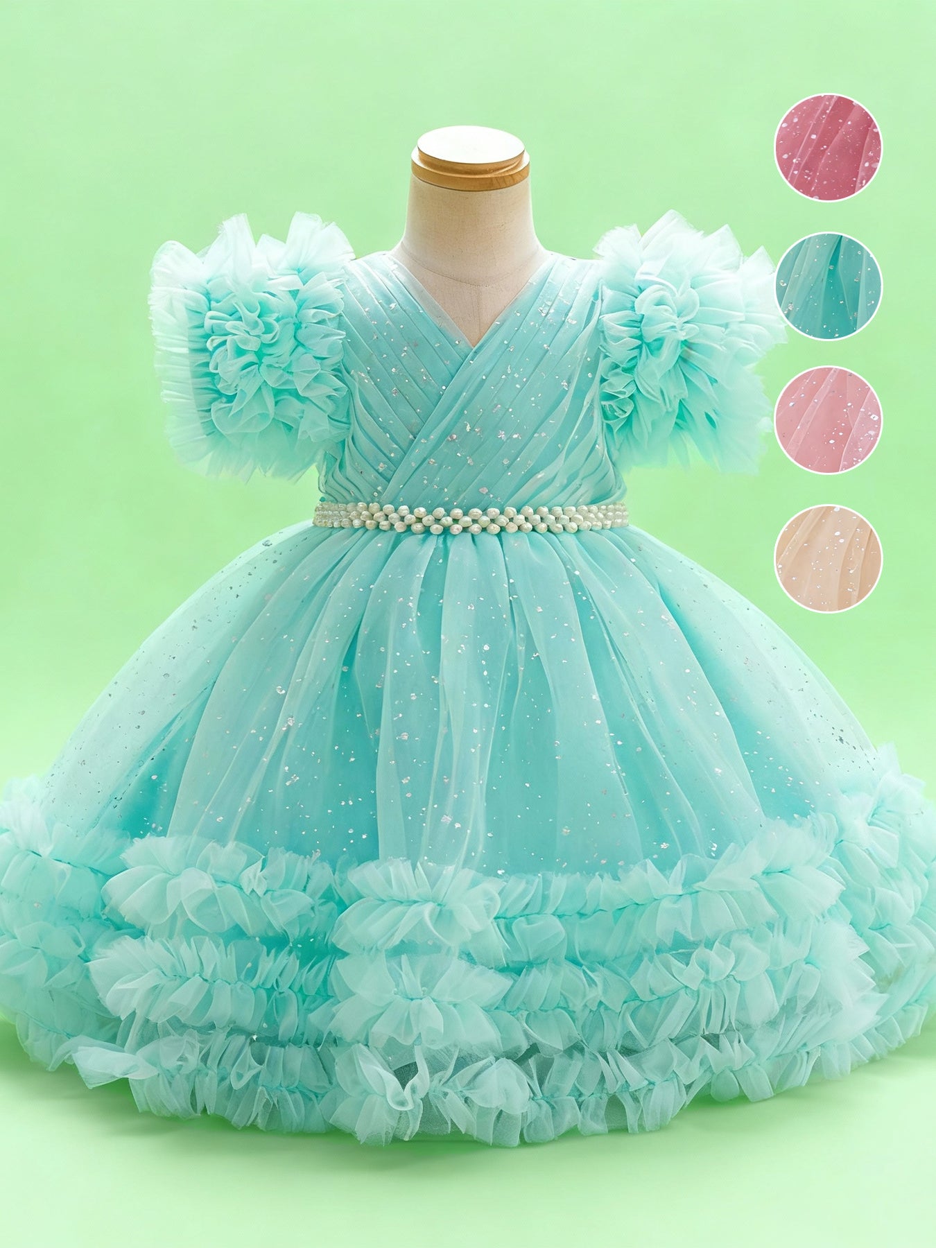 Zvzio Girls Y-Cross Ruffle Trim Train Princess Dress | Pearl Waist Chain Silver Dot Tulle Triple-Layer Ruffle Sleeves & Skirt Flower Girl Dress Party Set - Ages 3-8, Multiple Colors