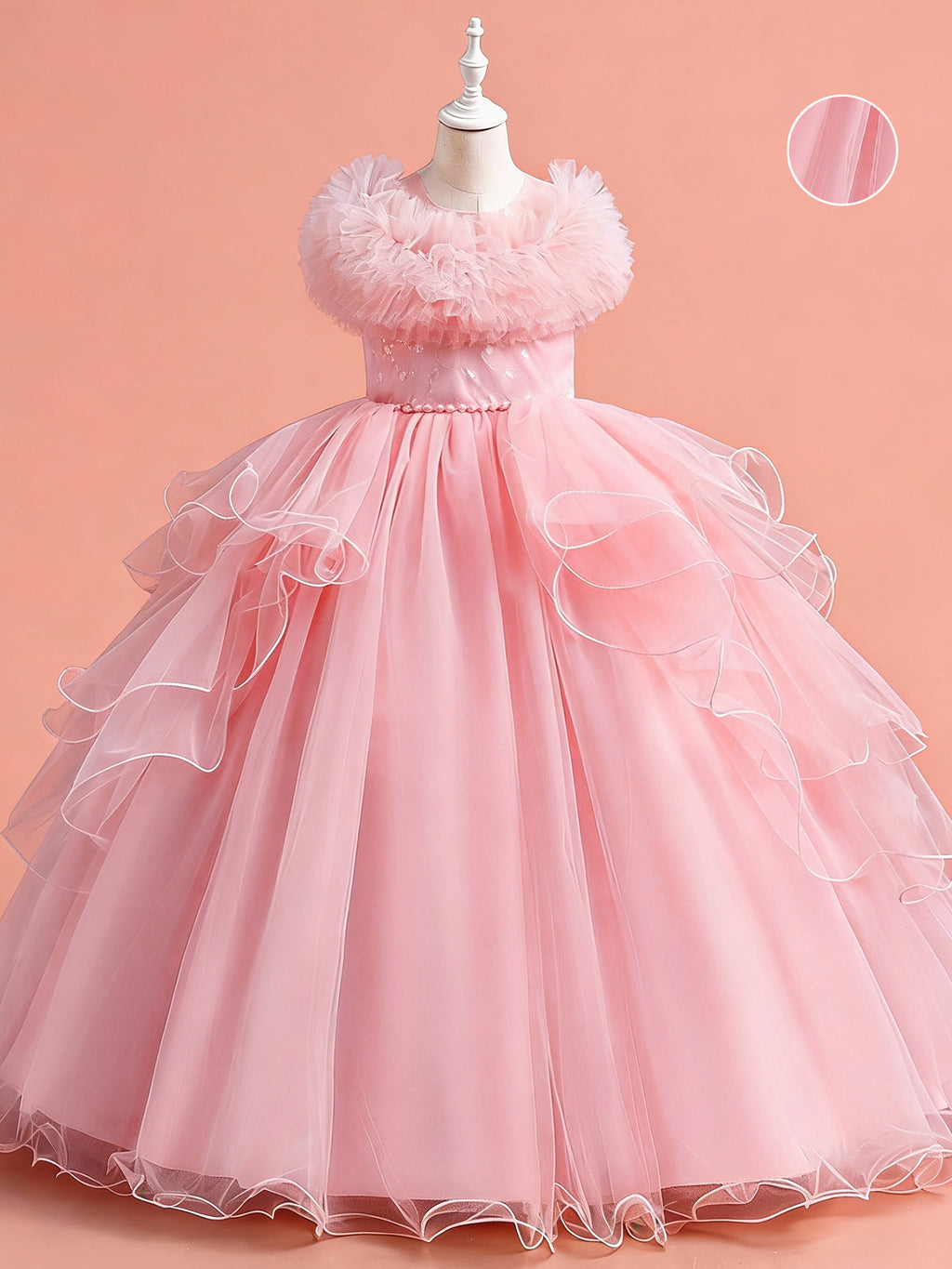 Zvzio Girls Gilded Print Tulle Princess Dress | Ruffle Neckline Bustier Design Pearl Waist Chain Wave Hem Elegant Knee-Length Flower Girl Dress - Ages 4-9