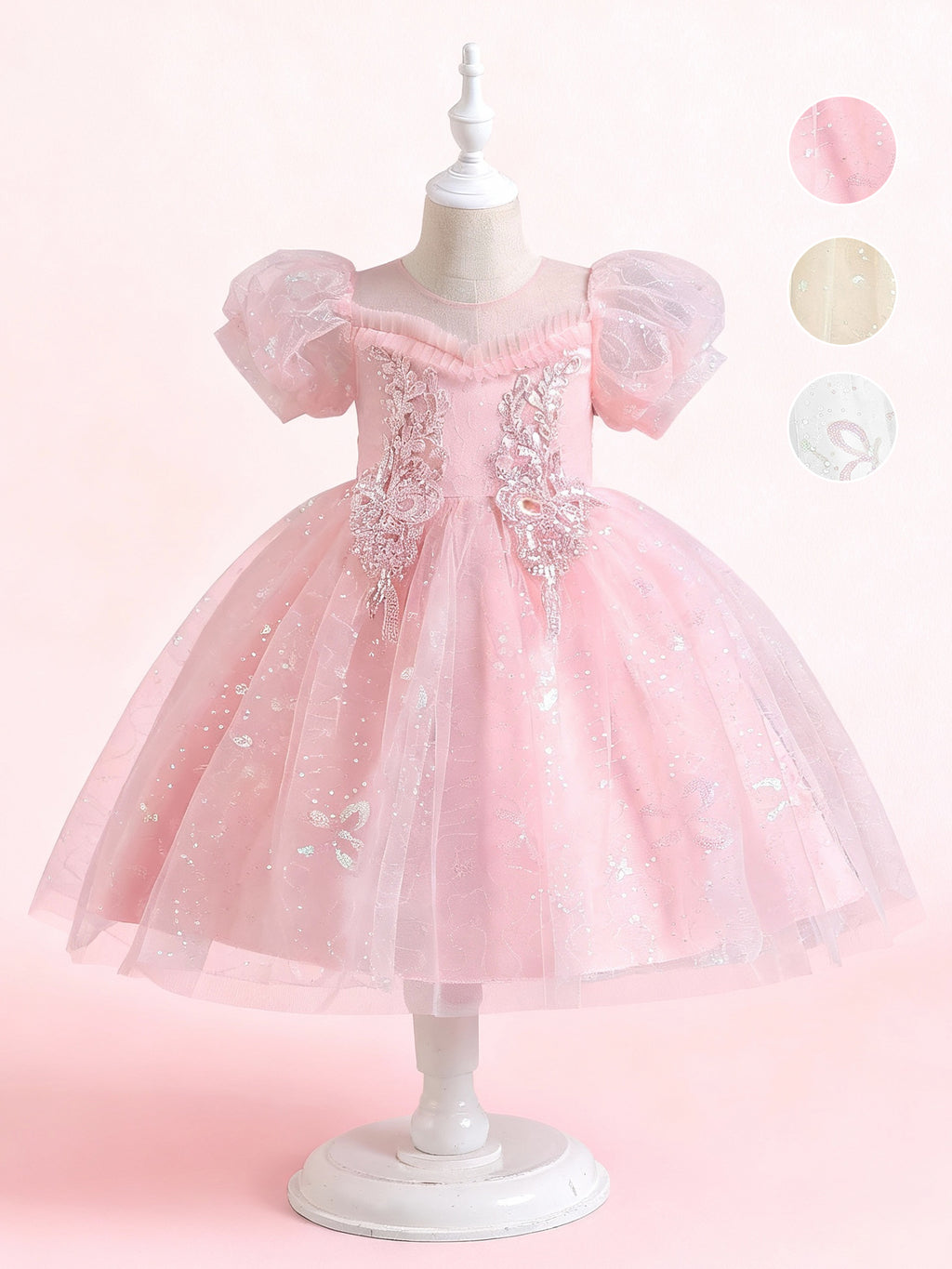 Zvzio Girls Princess Party Dress - Floral Embroidery Bodice, Sparkle Tulle Skirt & Puff Sleeves, Flower Girl/Pageant A-line Short Dress