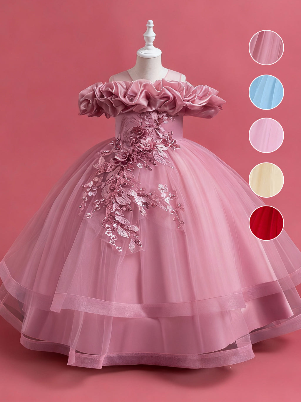 Zvzio Girls Cloud Shoulder Embroidered Long Princess Dress | Front Yoke Cloud Design Pearl Embroidery Panel Double-Layer Draping Tulle Flower Girl Dress Party Set - Ages 4-9, Multiple Colors