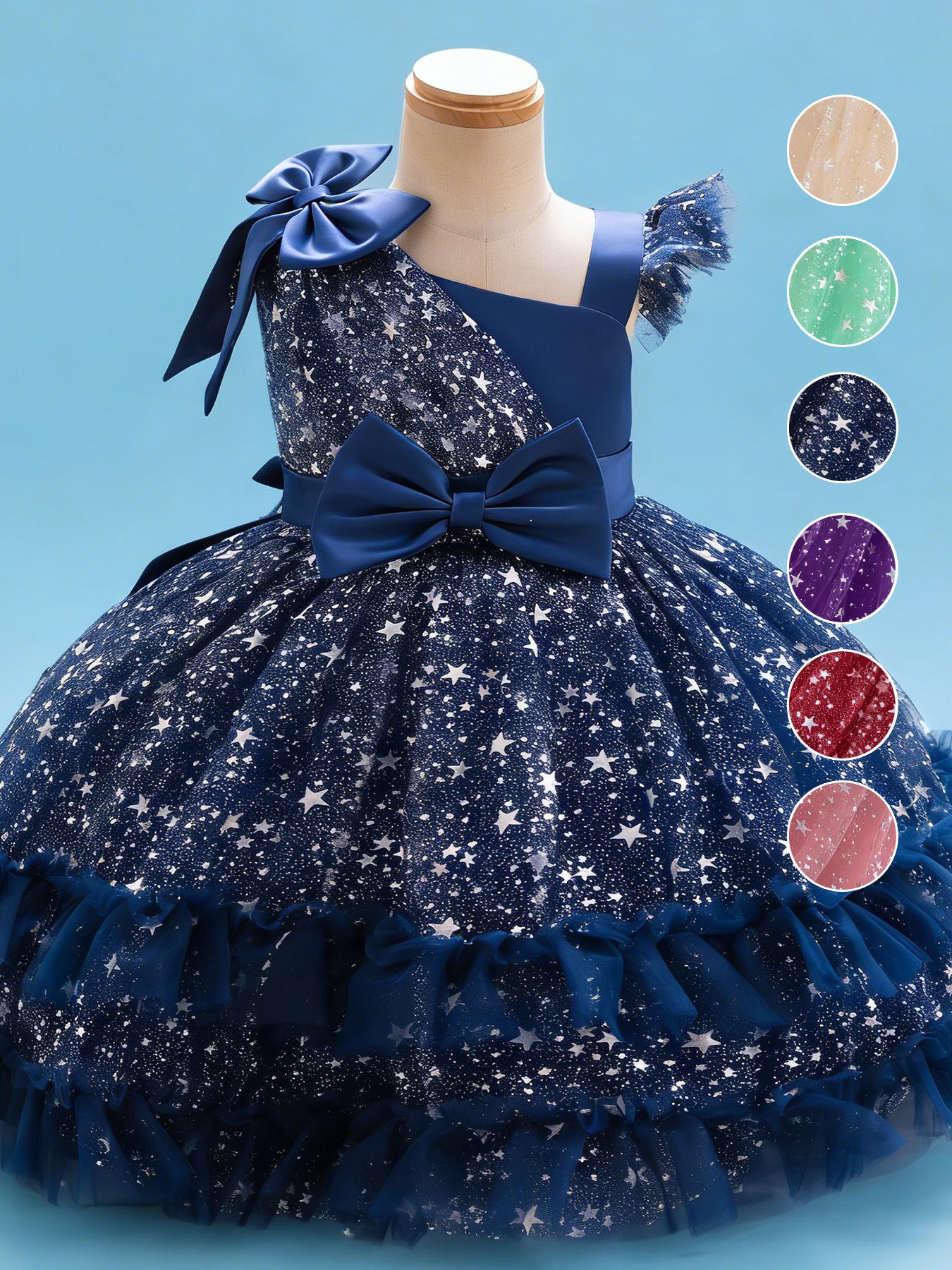 Zvzio Girls Asymmetric Cape & Flutter Sleeve Princess Dress | Left Shoulder Cape with Bow Right Flutter Sleeve Star Print Tulle Double-Layer Ruffle Hem Flower Girl Dress Party Gown - Ages 2-7, Multiple Colors