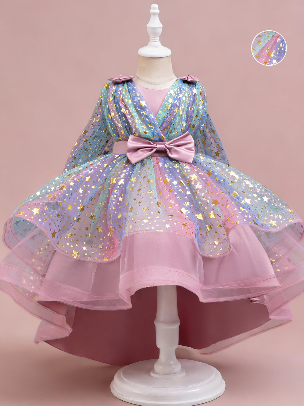 Zvzio Girls Star Gilded Cape Bow Princess Dress | Gold Star Pattern Triple Bow Decoration Draping Capelet Asymmetric Train Skirt Flower Girl Dress - Ages 4-9