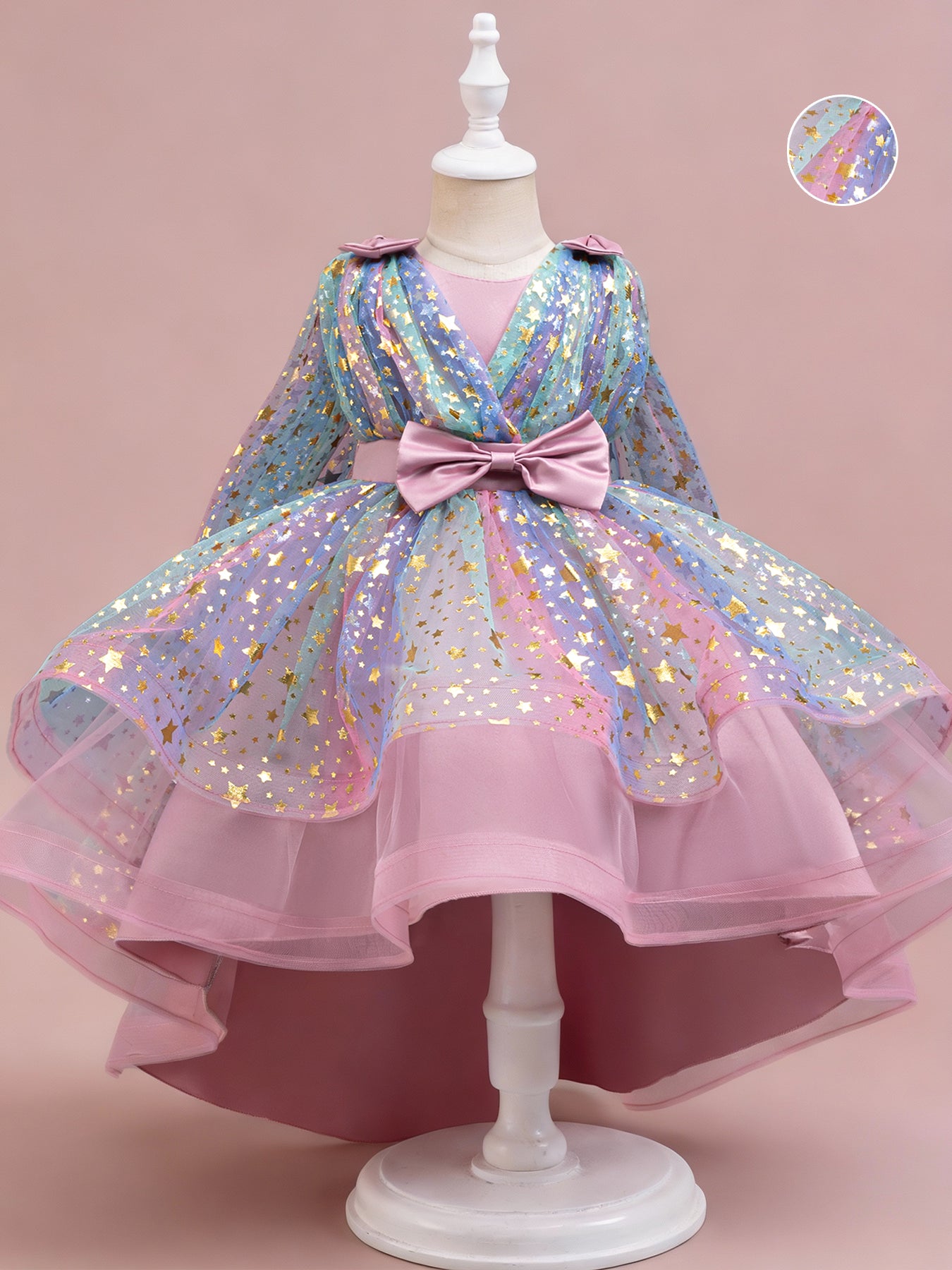 Zvzio Girls Star Gilded Cape Bow Princess Dress | Gold Star Pattern Triple Bow Decoration Draping Capelet Asymmetric Train Skirt Flower Girl Dress - Ages 4-9