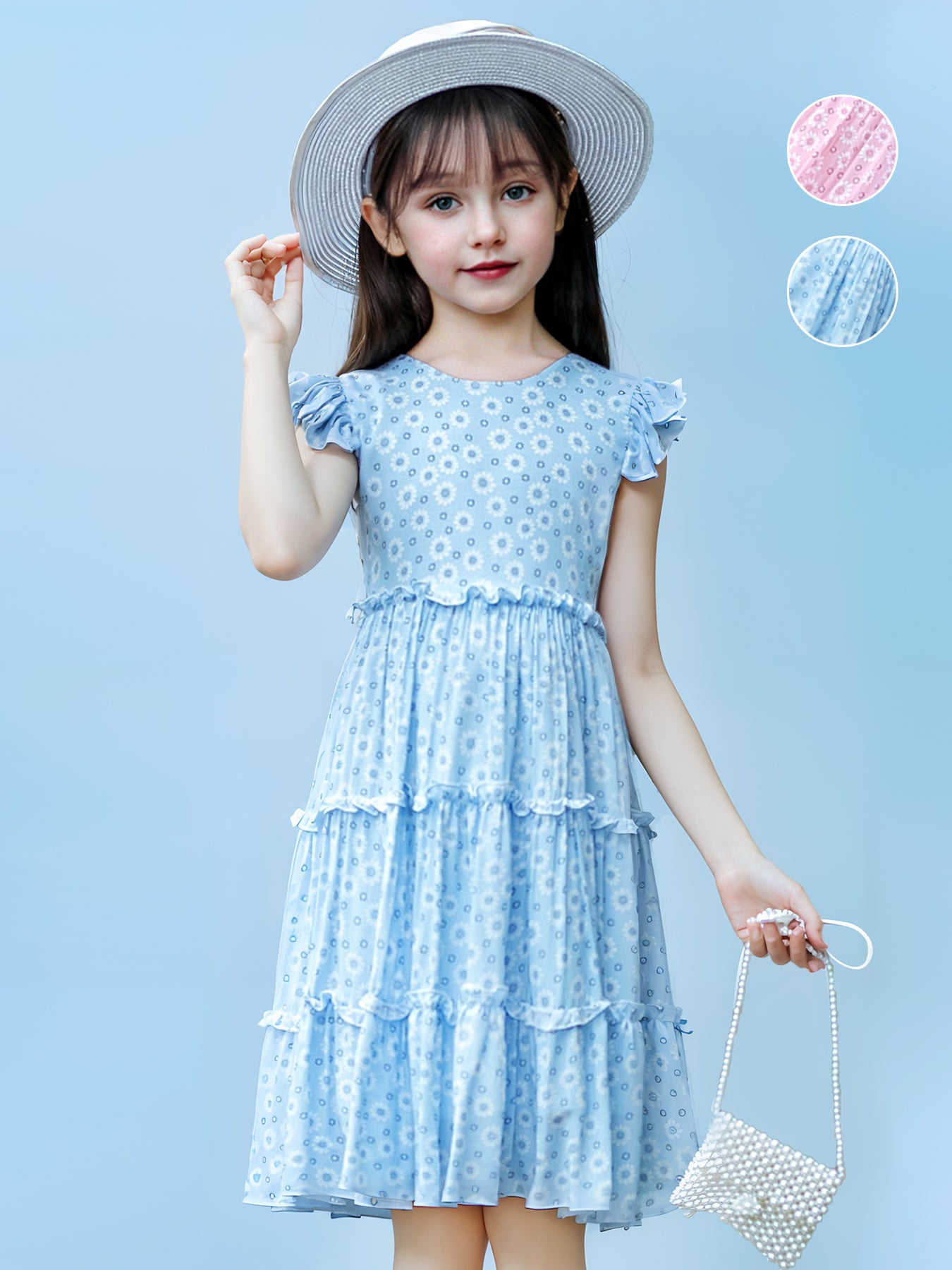 Zvzio Girls Floral Print Ruffle Trim Casual Dress | Flutter Sleeves Three-Tier Hem Lightweight Breathable A-Line Dress - Ages 2-7, Light Blue / Pink