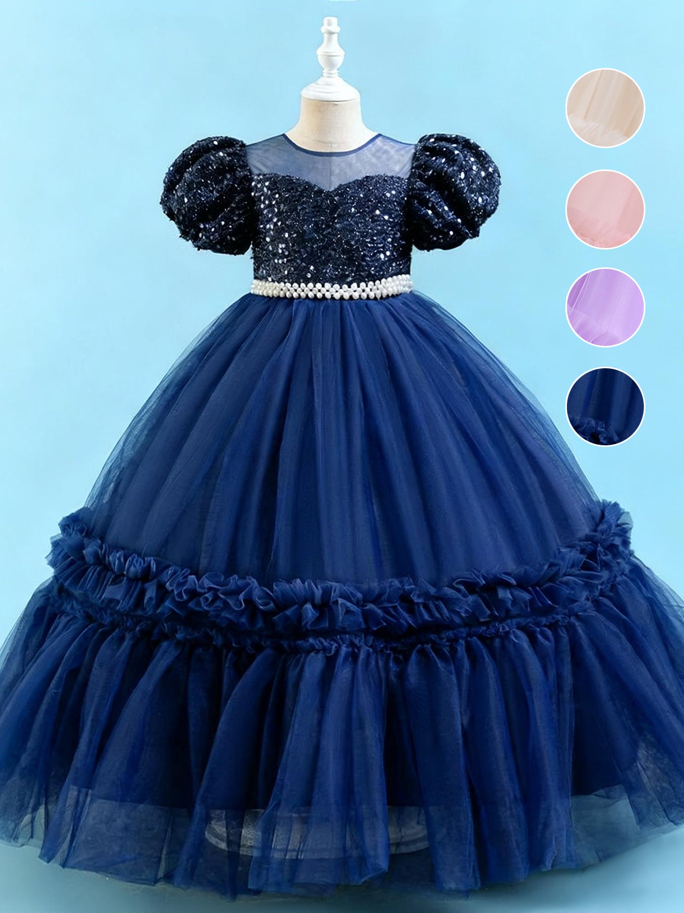 Zvzio Girls Sequin Puff Sleeve Princess Dress | Reflective Sequin Top Royal Puff Sleeves Pearl Waist Belt Ruffle Hem Knee-Length Flower Girl Dress - Ages 4-9, Multiple Colors