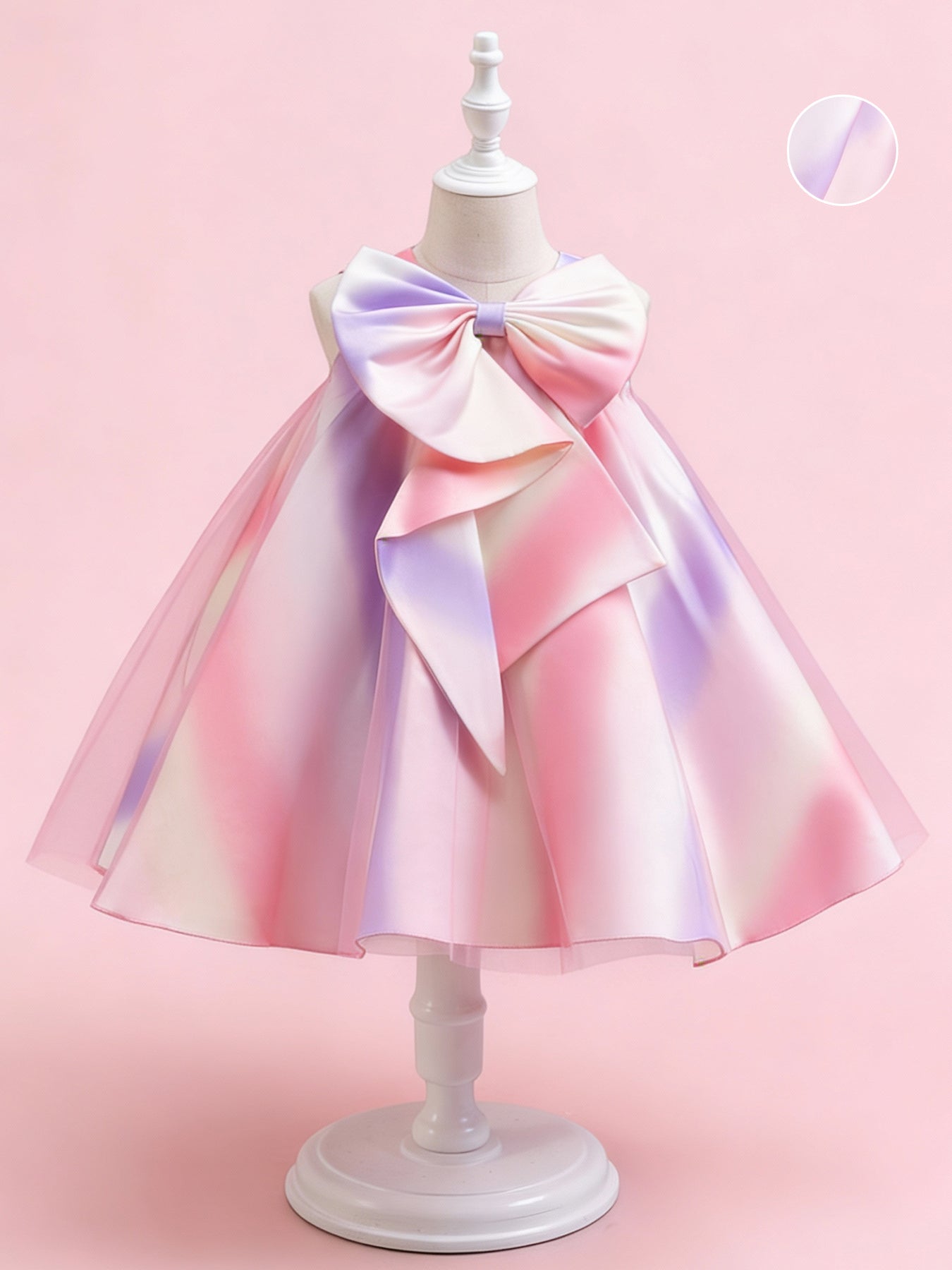 Zvzio Girls Rainbow Gradient Bow Princess Dress | Oversized Asymmetric Bow Collar Wide A-Line Skirt Knee-Length Flower Girl Dress Party Gown - Ages 4-7