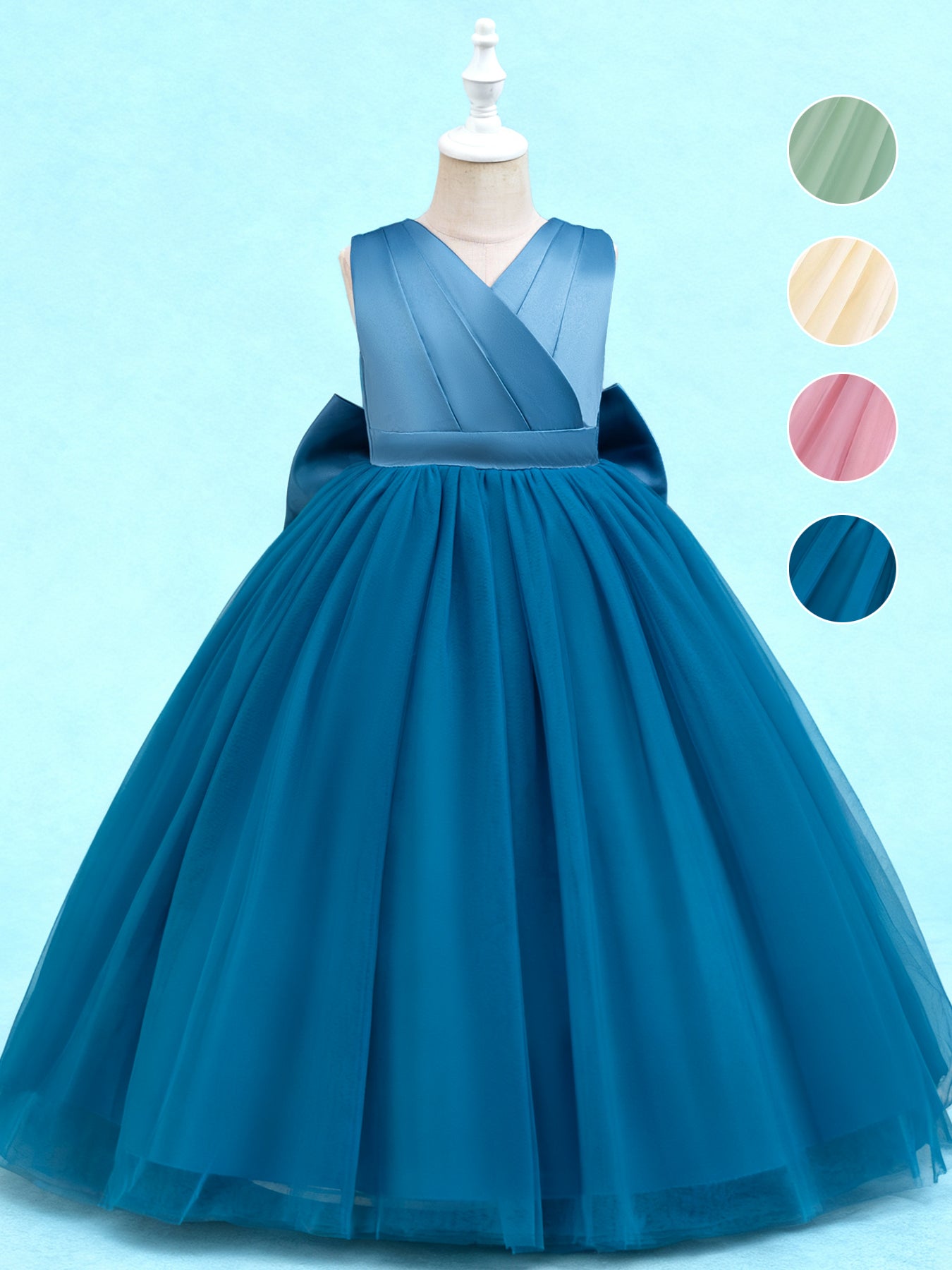 Zvzio Girls V-Neck V-Back Removable Bow Princess Dress | Double V Design Draping Tulle Long Dress Elegant Flower Girl Dress Set - Ages 4-9, Multiple Colors