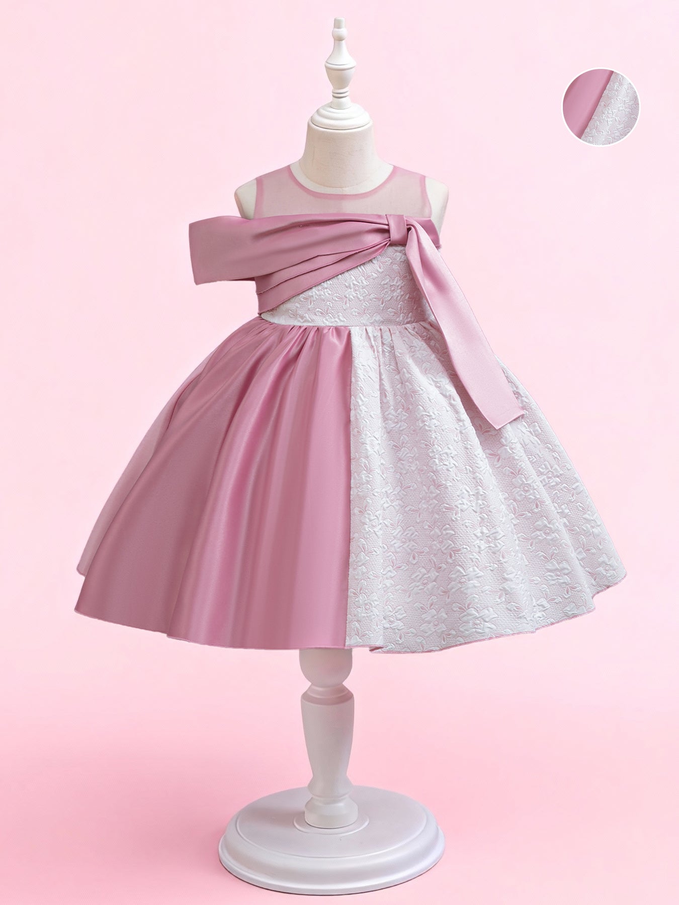Zvzio Girls Color Block Princess Dress | Asymmetric Design Dusty Pink Satin White Embossed Fabric Mid-Length Flower Girl Dress Set - Ages 4-9