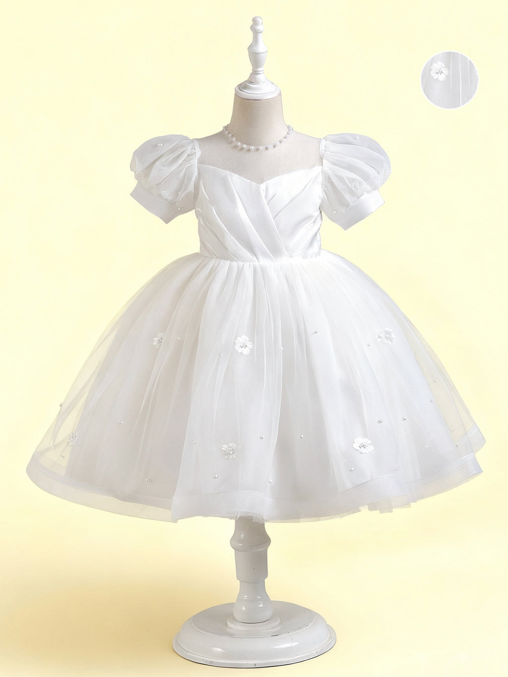 Zvzio Girls Short Sleeve Princess Dress - Shimmery Satin, Double Layer Skirt & 3D Pearl Floral, Puff Sleeve Flower Girl Party Outfit