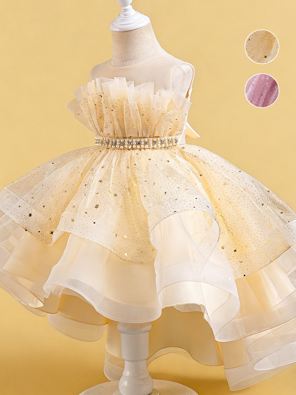 Zvzio Girls Asymmetric Train Princess Dress | Gold Star Tulle Shell Neckline Bustier Waist Diamond Chain Double-Layer Skirt Flower Girl Dress Set - Ages 4-9