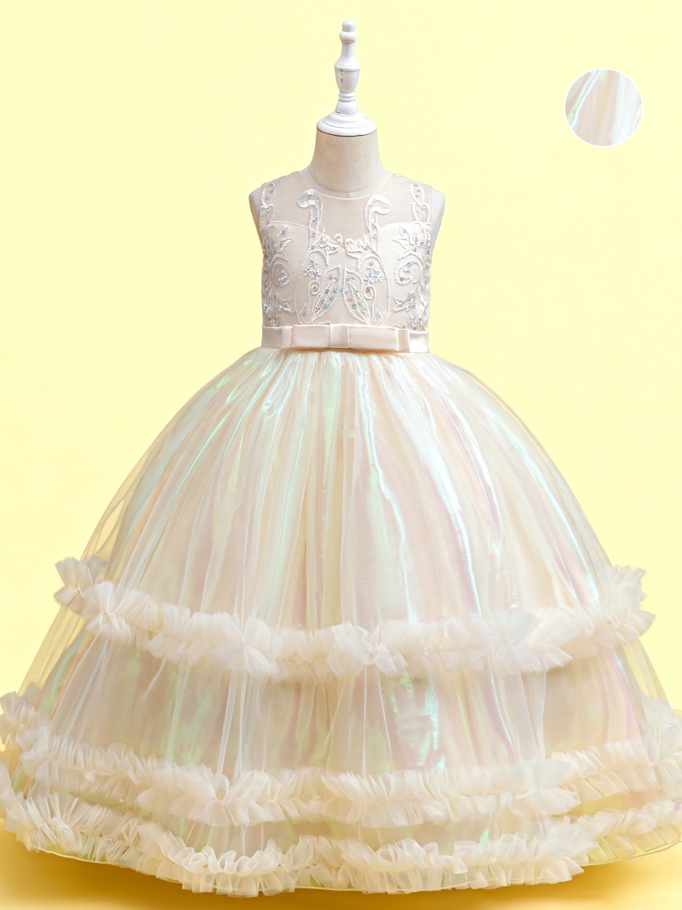 Zvzio Girls Gradient Tulle Embroidered Princess Dress | Reflective Green Yellow Gradient Bodice Embroidery Triple-Layer Ruffle Hem Flower Girl Dress Set - Ages 4-9