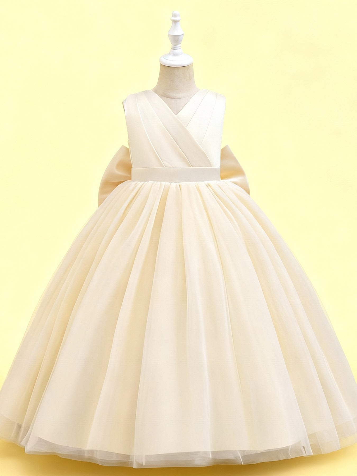 Zvzio Girls V-Neck V-Back Removable Bow Princess Dress | Double V Design Draping Tulle Long Dress Elegant Flower Girl Dress Set - Ages 4-9, Multiple Colors