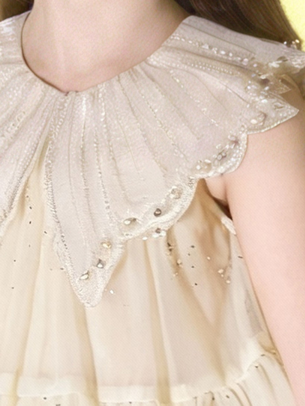 Zvzio Girls Champagne Cake Dress | Butterfly Collar with Diamond Pearl Decor Multilayer Tulle Sequins Lace Trim Flower Girl Dress Princess Party Dress - Short A-Line Dress for Ages 4-9