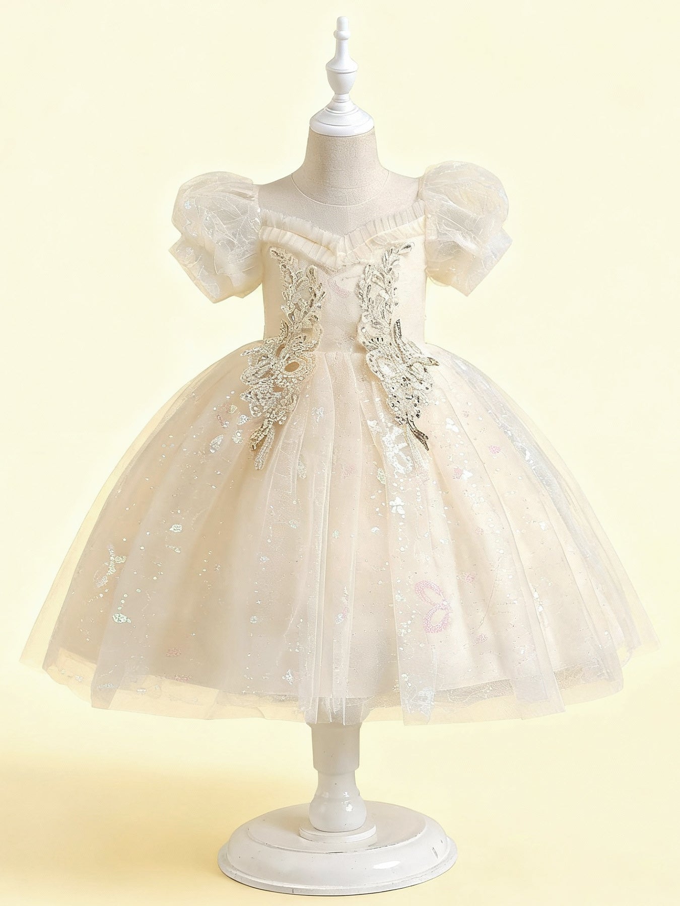 Zvzio Girls Princess Party Dress - Floral Embroidery Bodice, Sparkle Tulle Skirt & Puff Sleeves, Flower Girl/Pageant A-line Short Dress