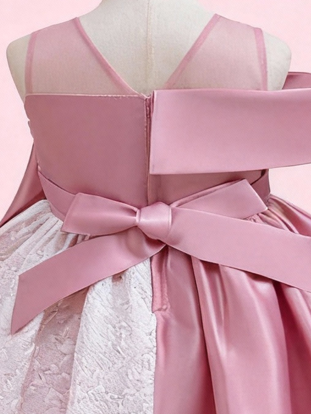 Zvzio Girls Color Block Princess Dress | Asymmetric Design Dusty Pink Satin White Embossed Fabric Mid-Length Flower Girl Dress Set - Ages 4-9