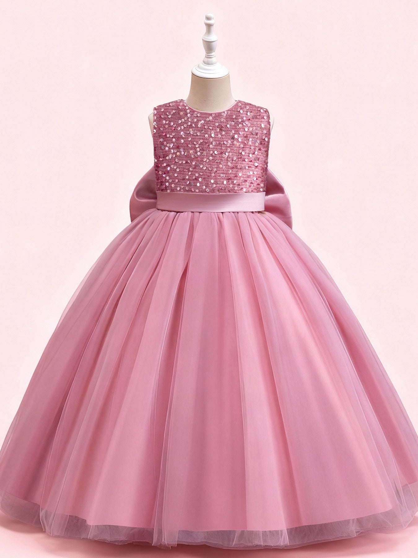 Zvzio Girls V-Back Removable Bow Princess Dress | Sparkling Sequin Bodice Draping Tulle Long Dress Flower Girl Dress Party Gown - Ages 4-9, Multiple Colors