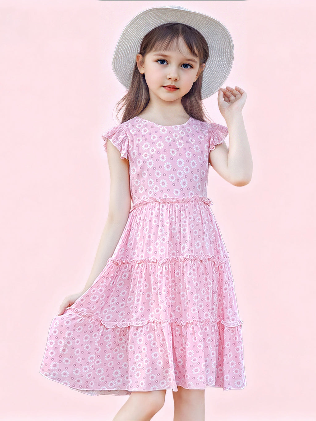 Zvzio Girls Floral Print Ruffle Trim Casual Dress | Flutter Sleeves Three-Tier Hem Lightweight Breathable A-Line Dress - Ages 2-7, Light Blue / Pink