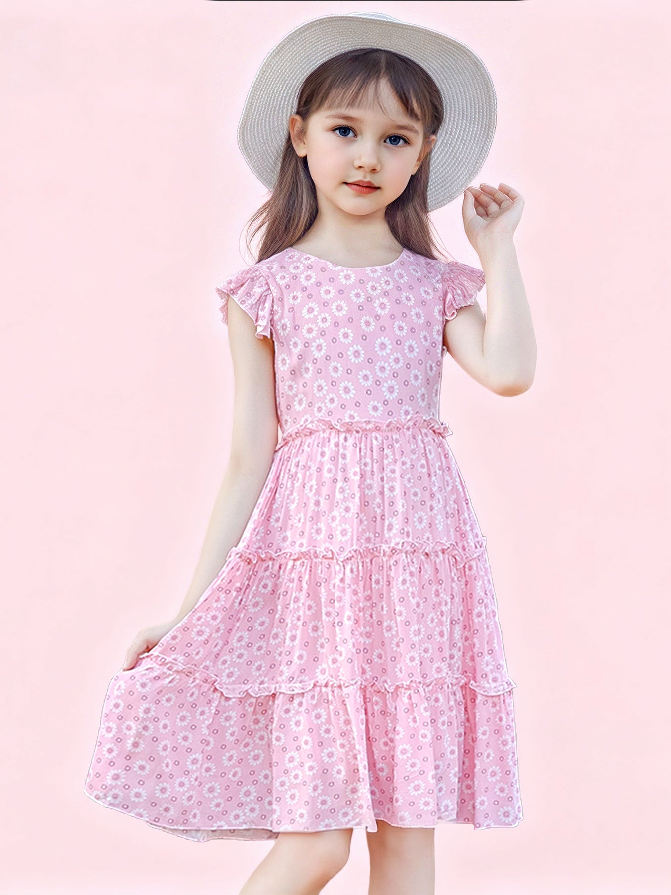 Zvzio Girls Floral Print Ruffle Trim Casual Dress | Flutter Sleeves Three-Tier Hem Lightweight Breathable A-Line Dress - Ages 2-7, Light Blue / Pink