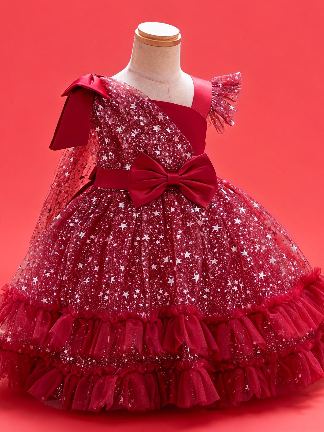 Zvzio Girls Asymmetric Cape & Flutter Sleeve Princess Dress | Left Shoulder Cape with Bow Right Flutter Sleeve Star Print Tulle Double-Layer Ruffle Hem Flower Girl Dress Party Gown - Ages 2-7, Multiple Colors