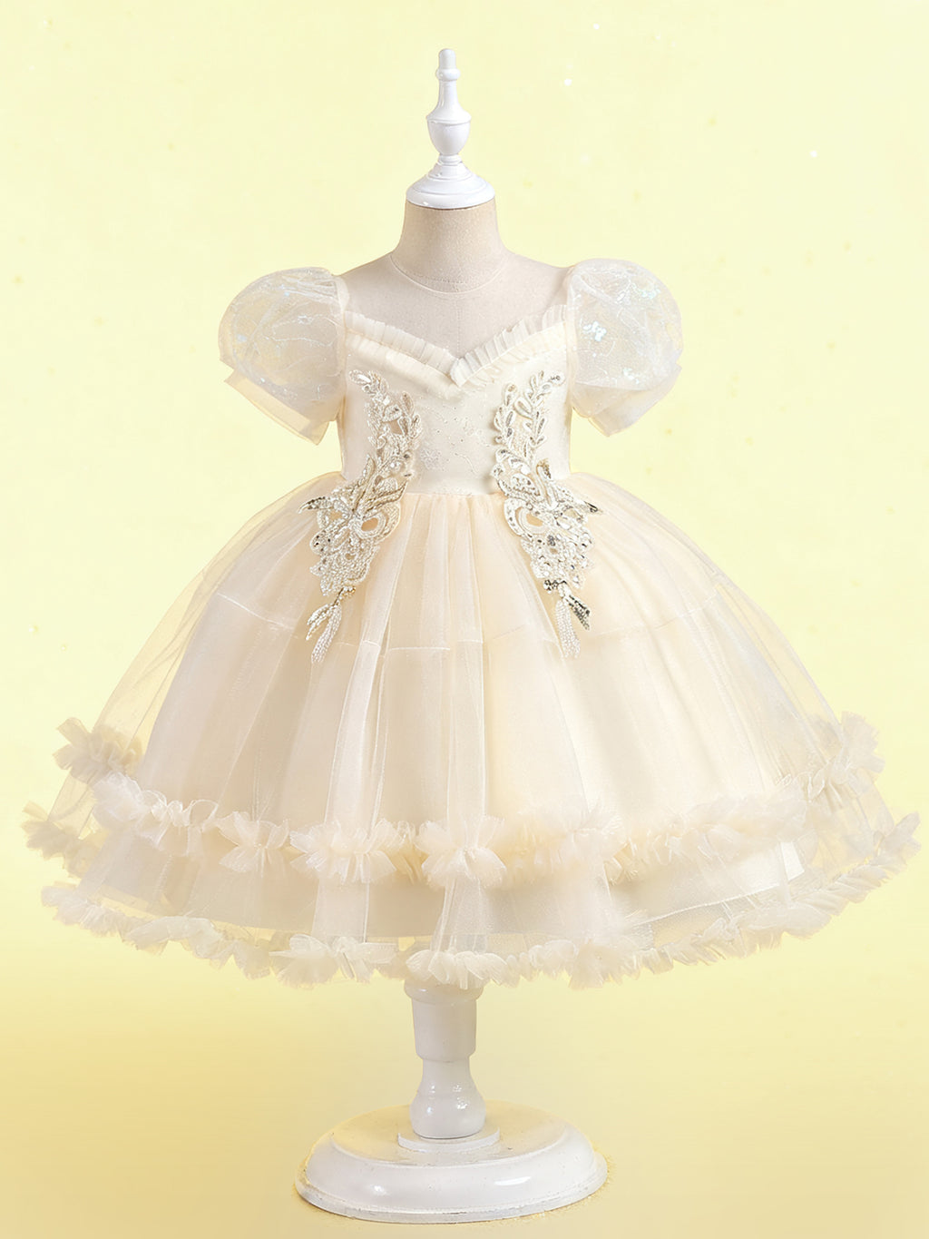 Vestido de fiesta de princesa y niña de las flores Zvzio: bordado floral en el pecho, falda de tul brillante, mangas abullonadas, dobladillo con doble volante, color champán, rosa y blanco, corte A de manga corta para niñas de 4 a 9 años.