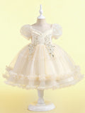 Vestido de fiesta de princesa y niña de las flores Zvzio: bordado floral en el pecho, falda de tul brillante, mangas abullonadas, dobladillo con doble volante, color champán, rosa y blanco, corte A de manga corta para niñas de 4 a 9 años.