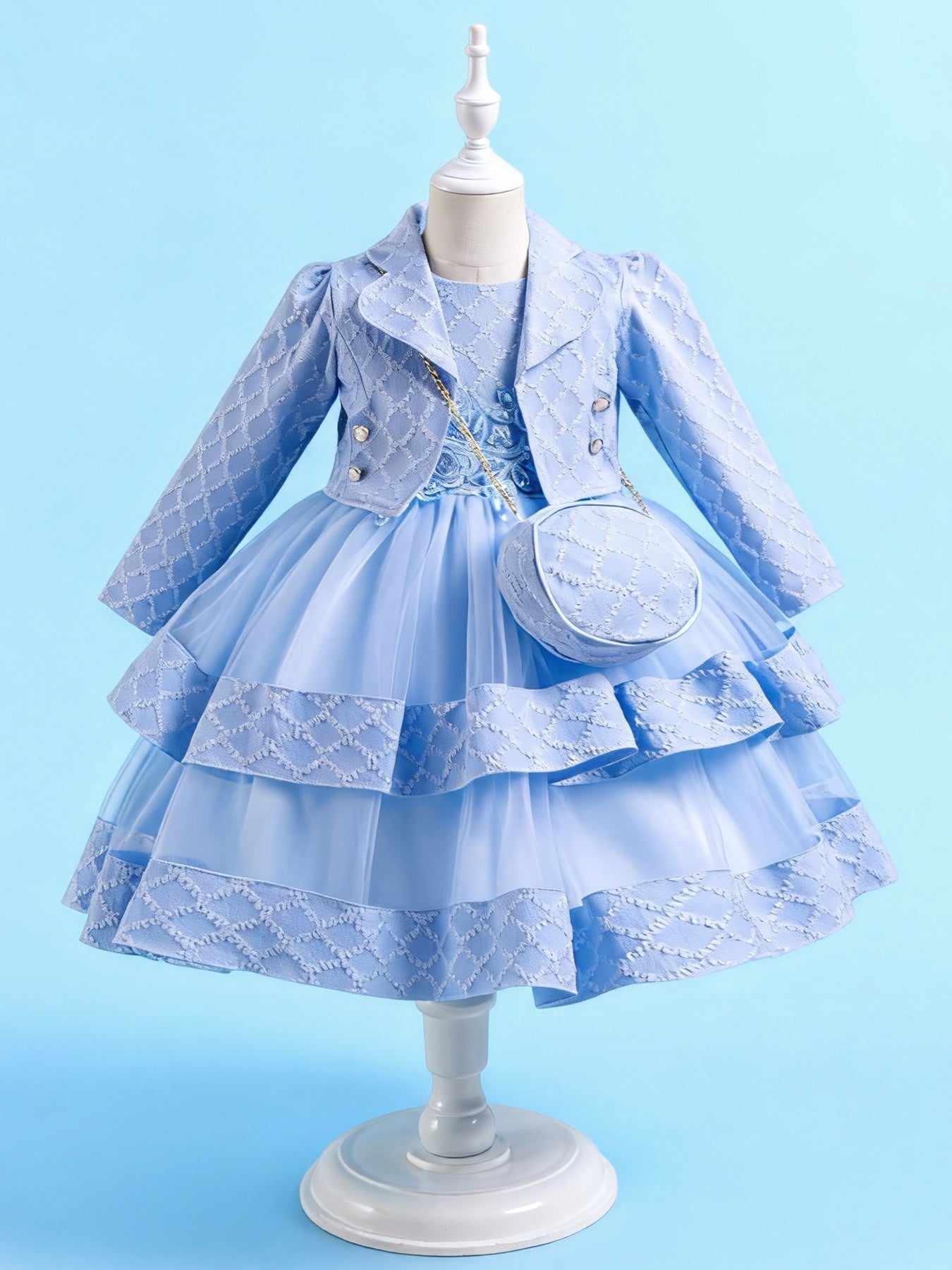 Zvzio Girls Embroidered Pearl Vest Dress Set | With Matching Handbag Double-Layer Skirt Textured Fabric Long Sleeve Coat Flower Girl Dress Party Set - Ages 4-9, Multiple Colors