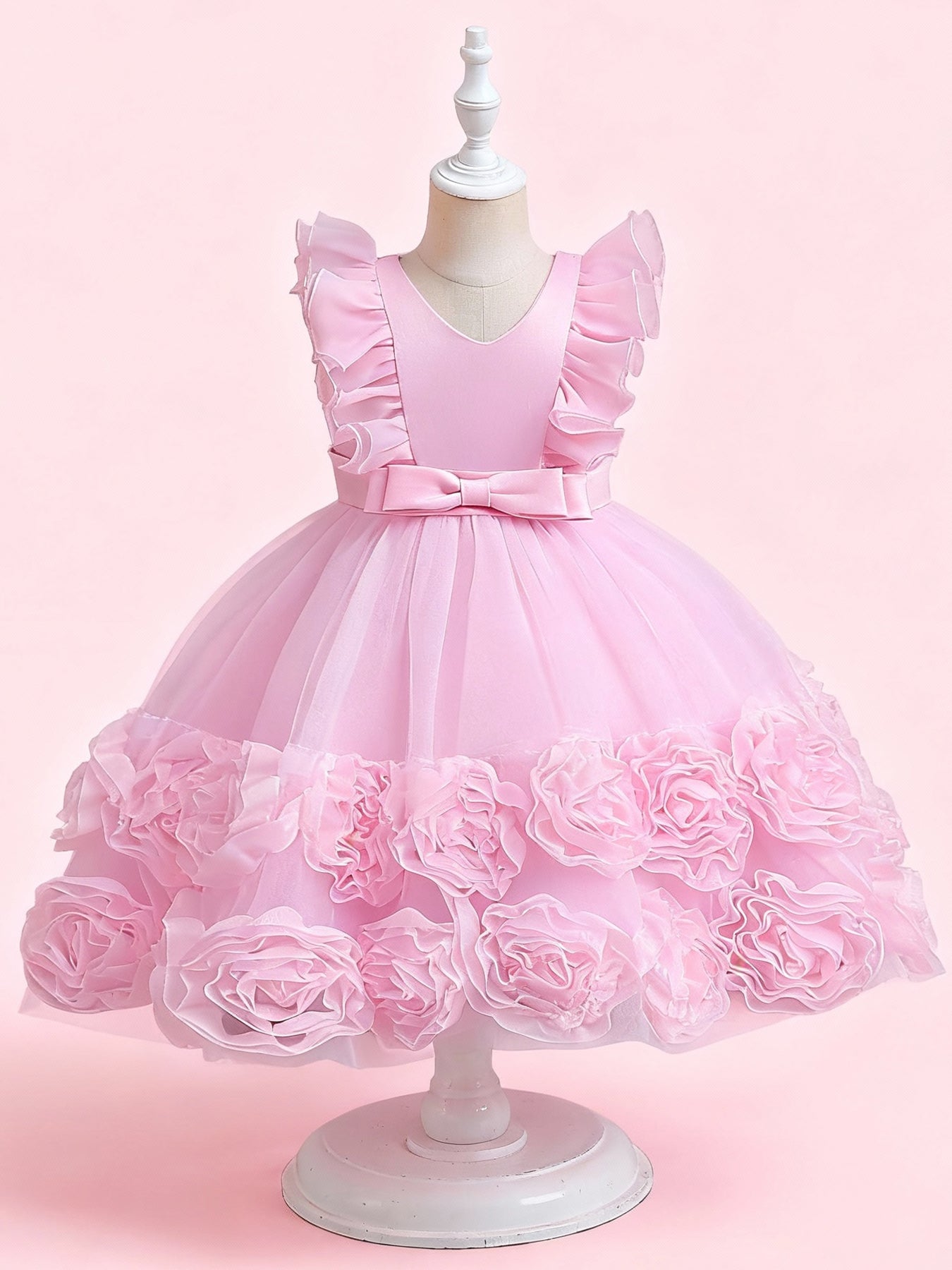 Zvzio Girls Floral Bud Embroidered Princess Dress | V-Shape Ruffle Sleeves Waist Bow Triple-Layer Tulle Flower Girl Party Dress - Ages 2-7, Multiple Colors