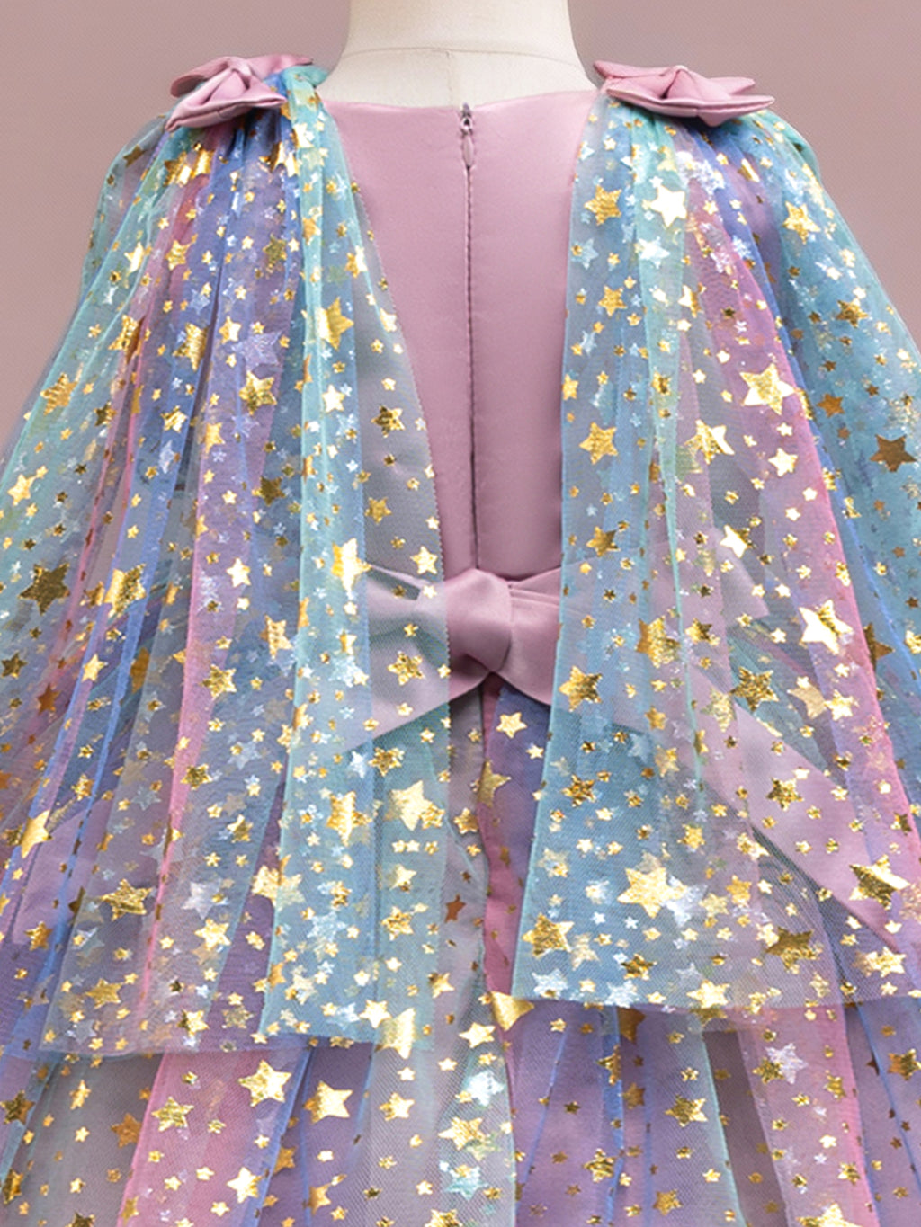 Zvzio Girls Star Gilded Cape Bow Princess Dress | Gold Star Pattern Triple Bow Decoration Draping Capelet Asymmetric Train Skirt Flower Girl Dress - Ages 4-9