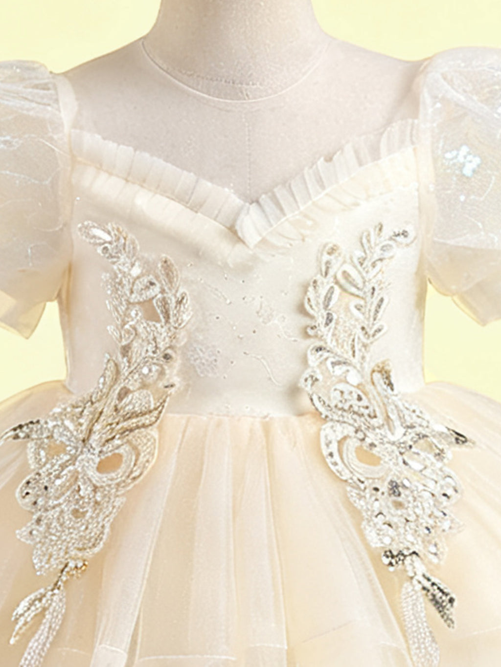 Zvzio Girls Princess Party Dress & Flower Girl Dress - Floral Embroidery Chest, Sparkle Tulle Skirt, Bubble Sleeves, Double Ruffle Hem, Champagne Pink White, Short Sleeve A-Line for Age 4-9