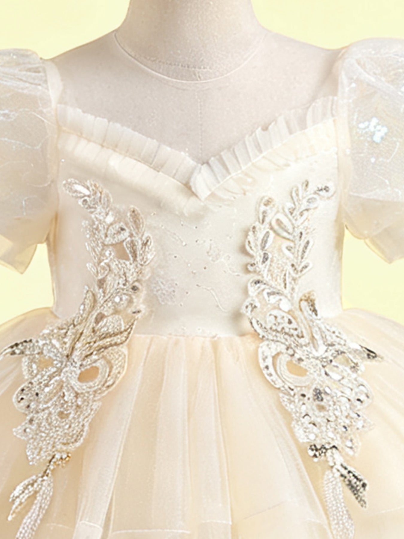 Zvzio Girls Princess Party Dress & Flower Girl Dress - Floral Embroidery Chest, Sparkle Tulle Skirt, Bubble Sleeves, Double Ruffle Hem, Champagne Pink White, Short Sleeve A-Line for Age 4-9