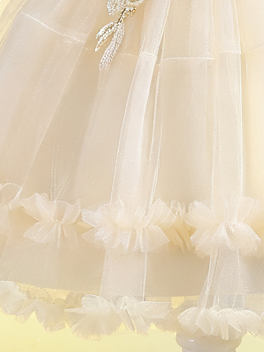 Zvzio Girls Princess Party Dress & Flower Girl Dress - Floral Embroidery Chest, Sparkle Tulle Skirt, Bubble Sleeves, Double Ruffle Hem, Champagne Pink White, Short Sleeve A-Line for Age 4-9