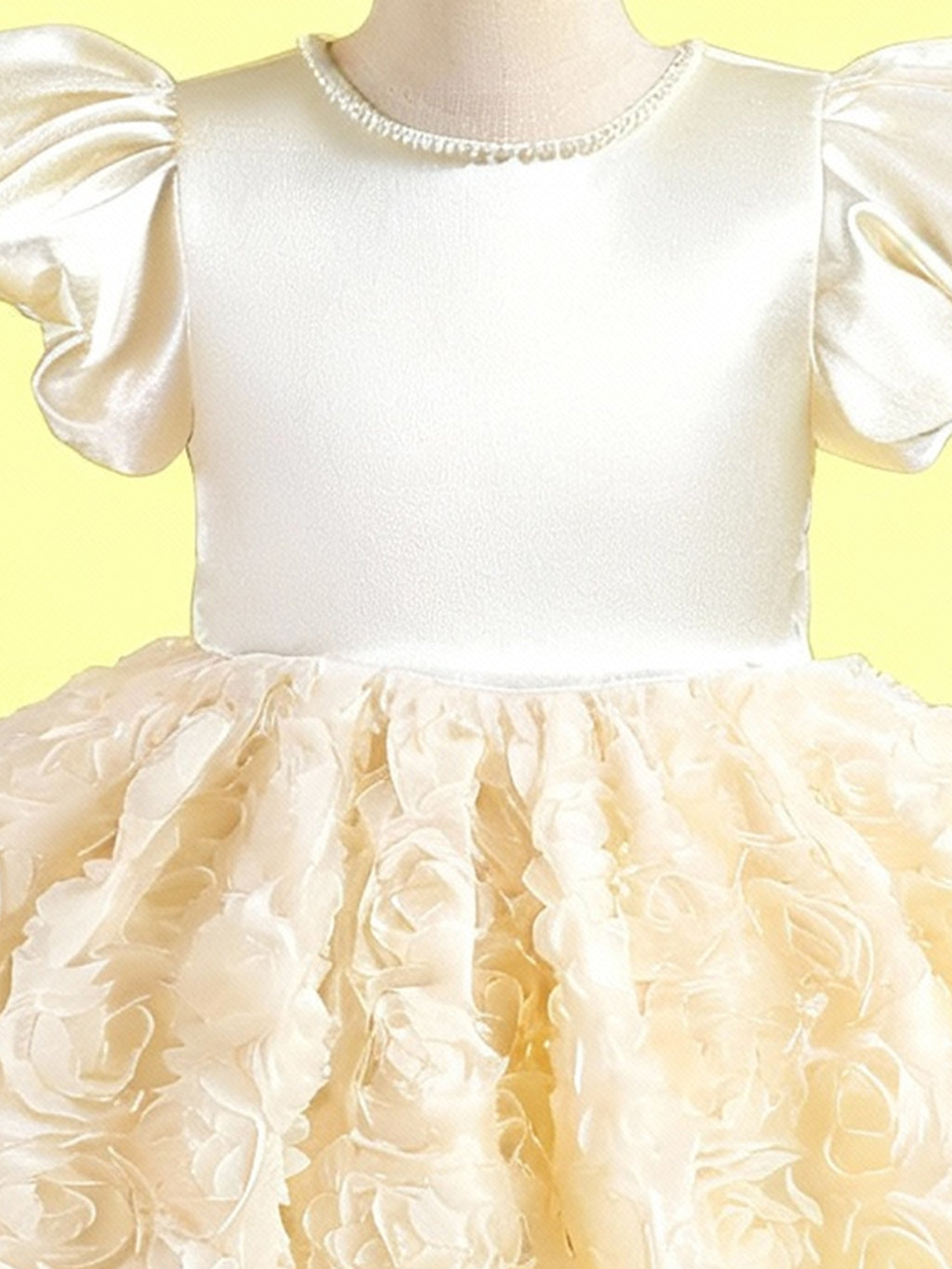 Zvzio Girls Princess Dress with 3D Floral Skirt & Pearl Neckline - Satin Puff Sleeve Flower Girl Party Dress