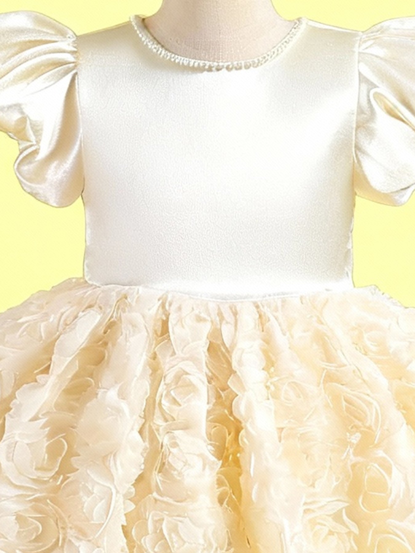 Zvzio Girls Princess Dress with 3D Floral Skirt & Pearl Neckline - Satin Puff Sleeve Flower Girl Party Dress