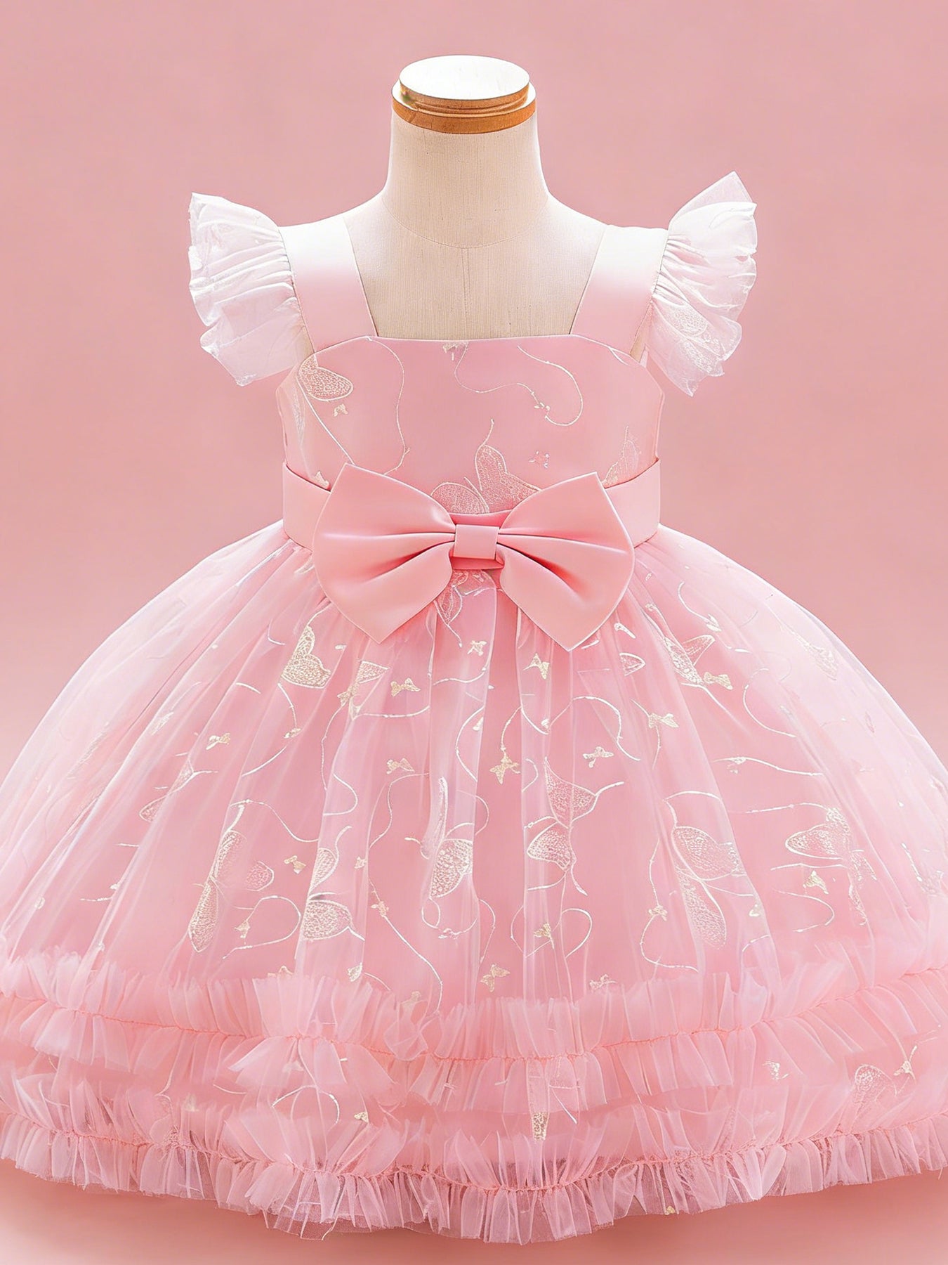 Zvzio Girls Gilded Butterfly Flutter Sleeve Princess Dress | Reflective Butterfly Tulle Midsection Large Bow Double-Layer Ruffle Hem Knee-Length A-Line Flower Girl Dress - Ages 2-7, Multiple Colors