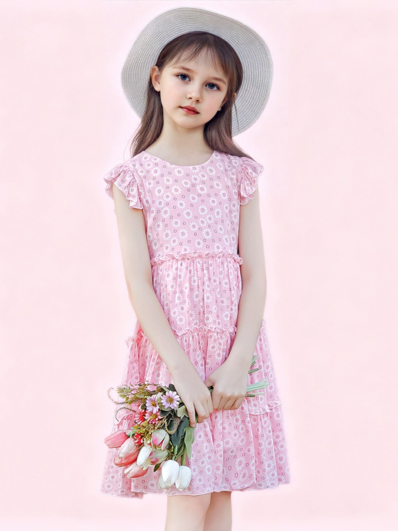 Zvzio Girls Floral Print Ruffle Trim Casual Dress | Flutter Sleeves Three-Tier Hem Lightweight Breathable A-Line Dress - Ages 2-7, Light Blue / Pink